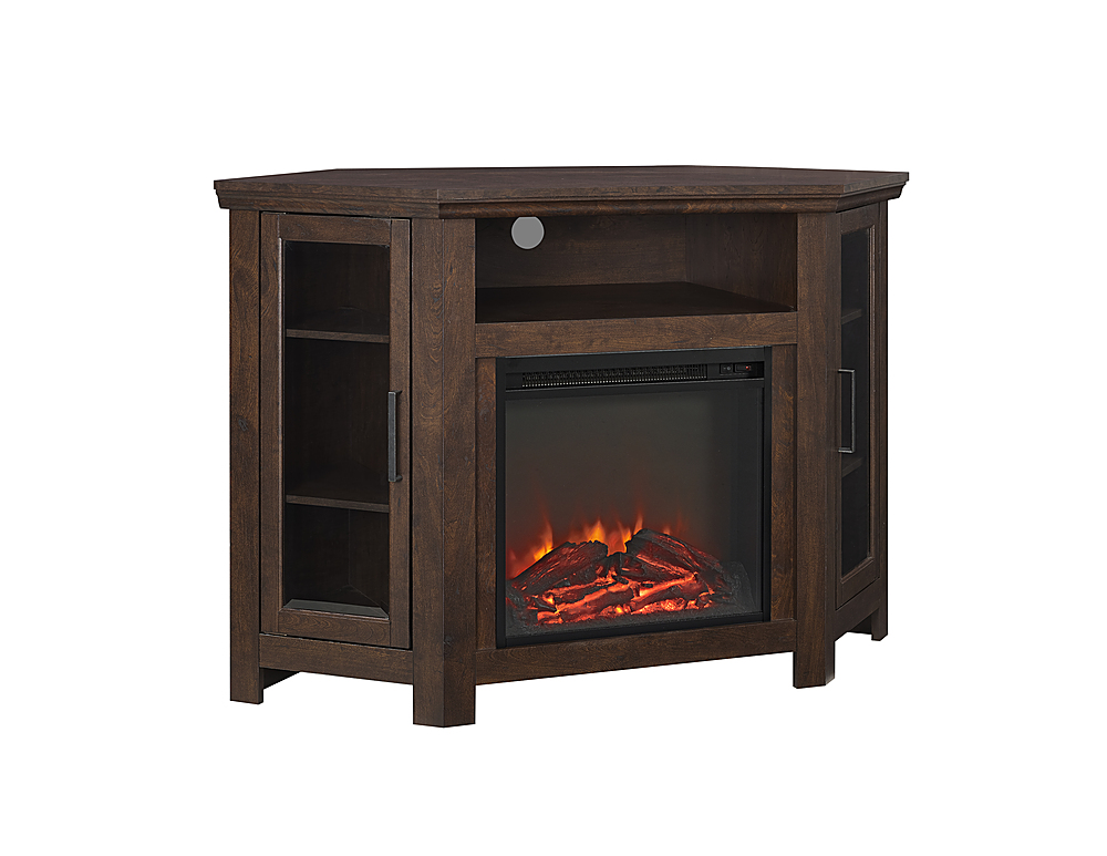 Angle View: Walker Edison - Glass Two Door Corner Fireplace TV Stand for Most TVs up to 55" - Traditional Brown
