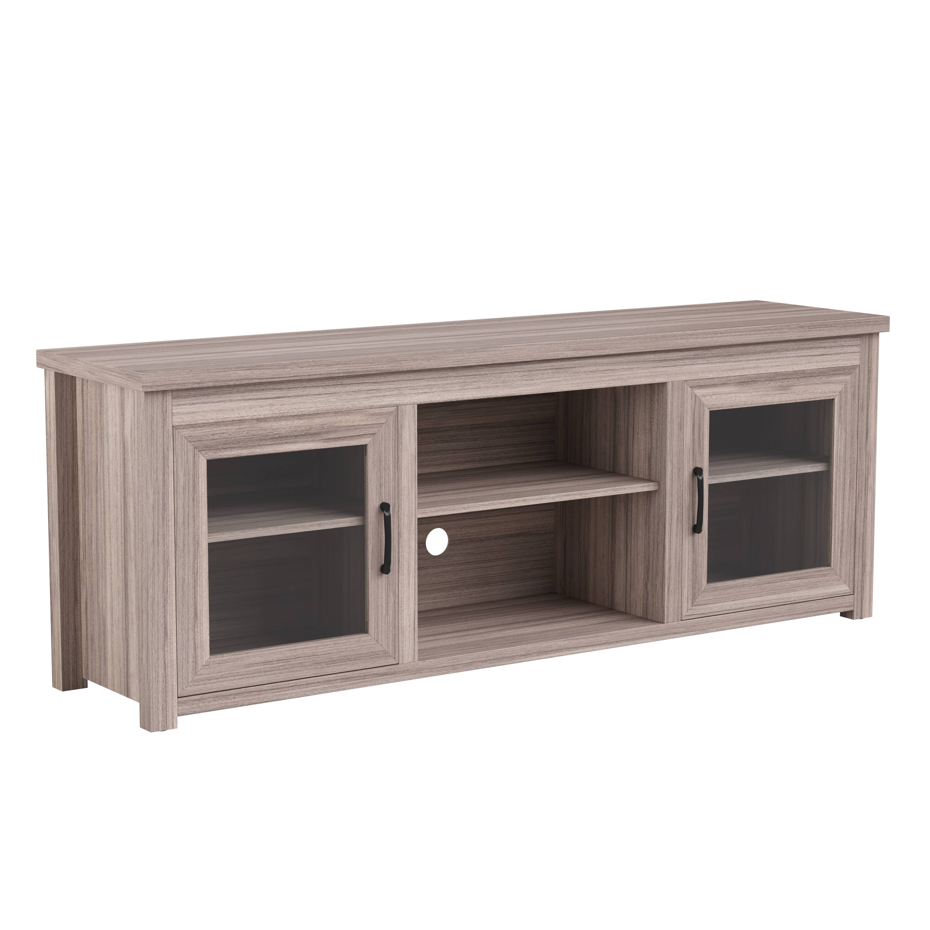 Alt View 1. Emma + Oliver - Liam TV Stand for up to 80" TV's - 65" Media Console with Classic Full Glass Doors & 3 Adjustable Shelves - Gray Wash Oak.