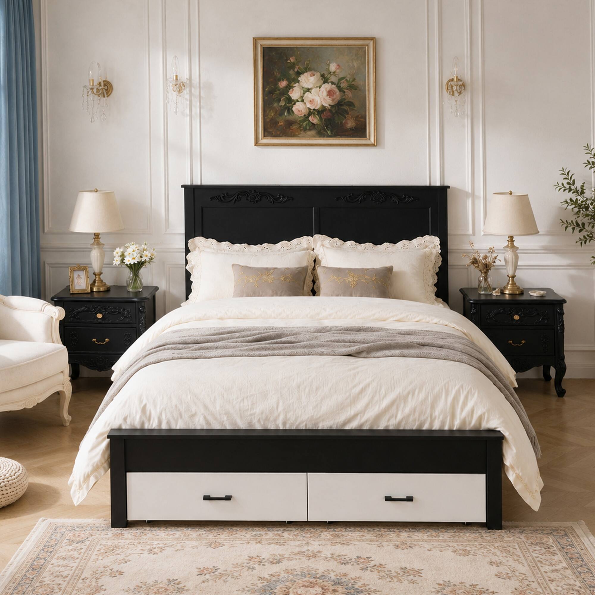Angle. LUCKY ONE - Queen size Rustic Bed Frame with Two Storage Drawers - Black+White.
