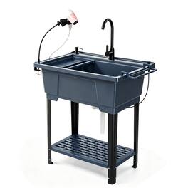 Winado - Freestanding Utility Sink with Stainless Steel Faucet, Hair Dryer Stand, Soap Dispenser, Towel Holder for Garage Garden - Navy Blue