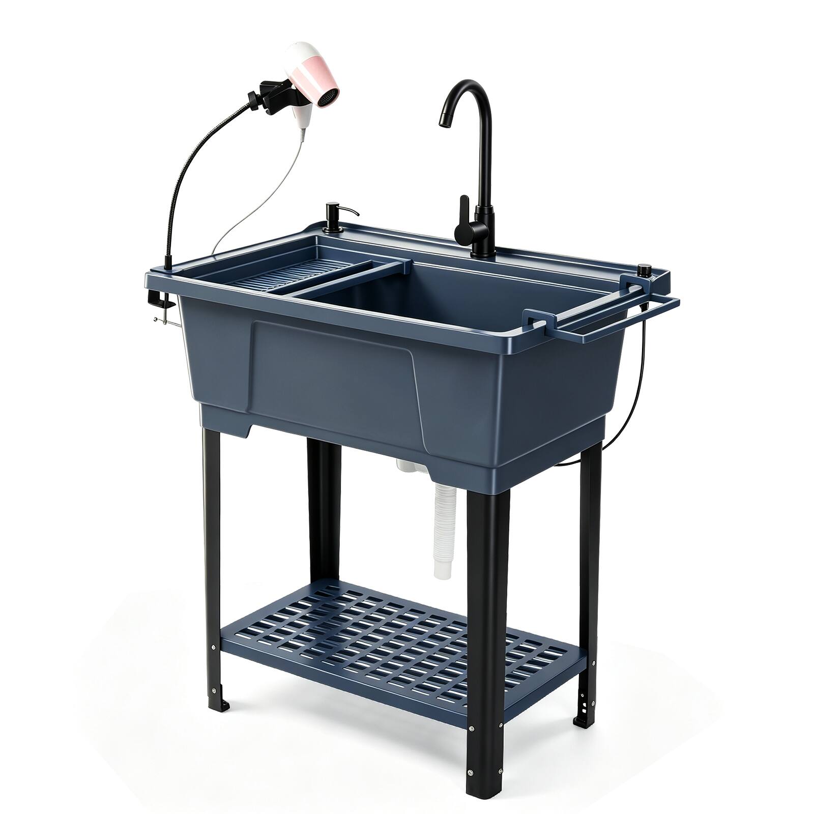 Winado - Freestanding Utility Sink with Stainless Steel Faucet, Hair Dryer Stand, Soap Dispenser, Towel Holder for Garage Garden - Navy Blue