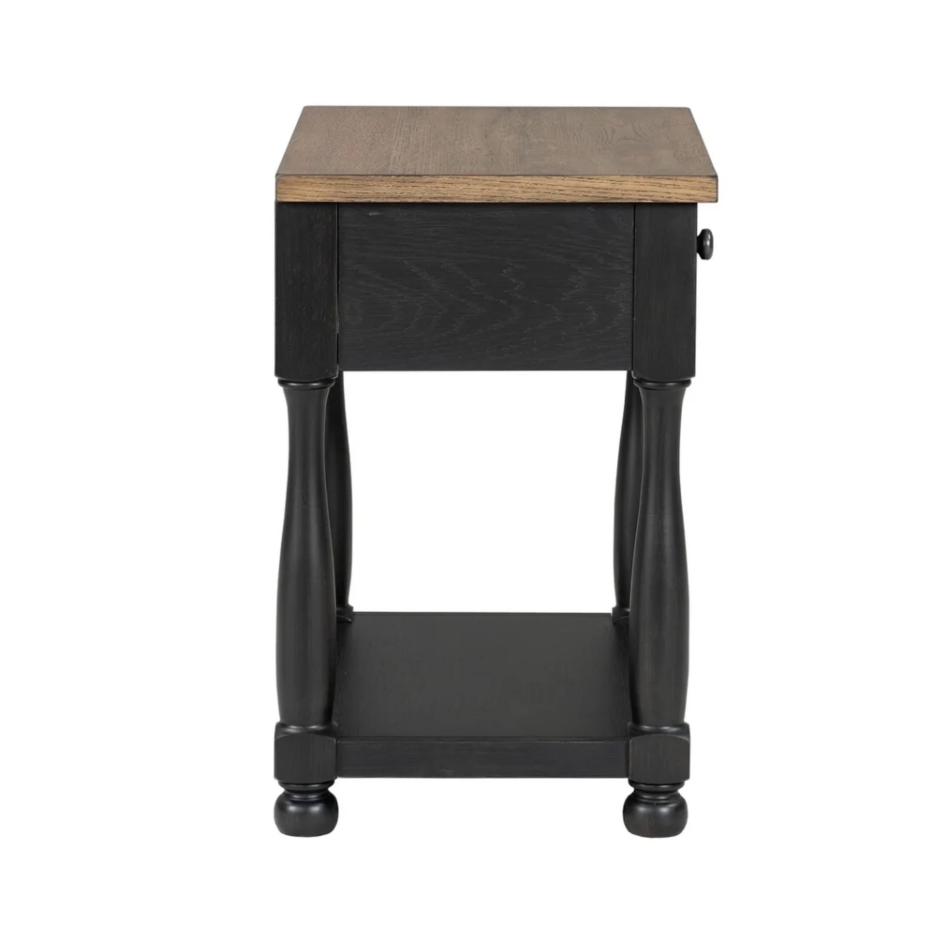 Left. Manhattan Lane - Ginie Nightstand, USB Ports and Drawer, Shelf, Rustic Oak Wood - Black, Oak Brown, Pewter.