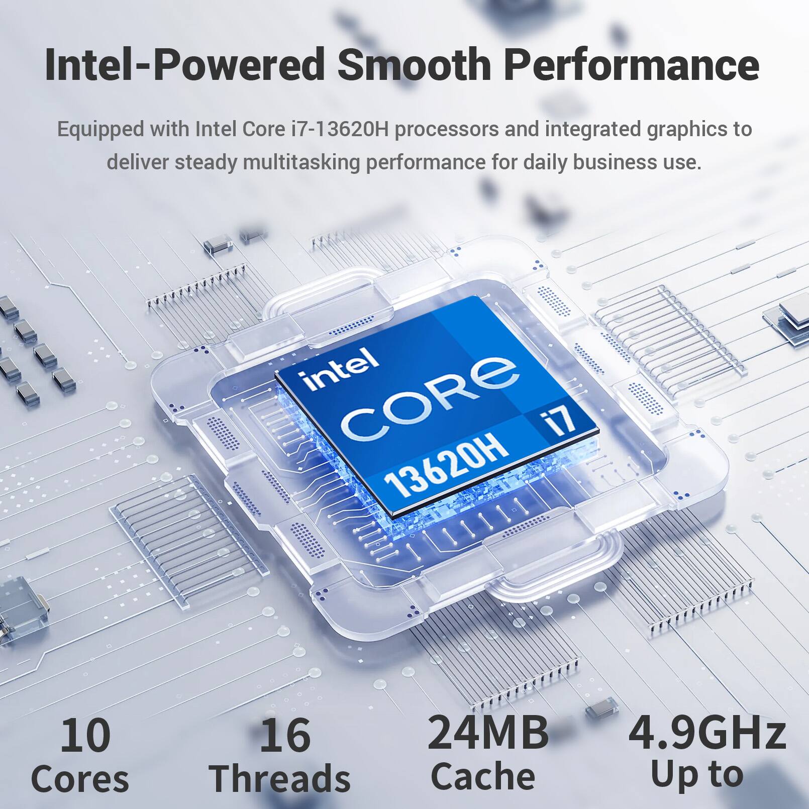 Intel-Powered Smooth Performance  
Equipped with Intel Core i7-13620H processors and integrated graphics to deliver steady multitasking performance for daily business use.  
Intel Core i7-13620H  
10 Cores  
16 Threads  
24MB Cache  
Up to 4.9GHz