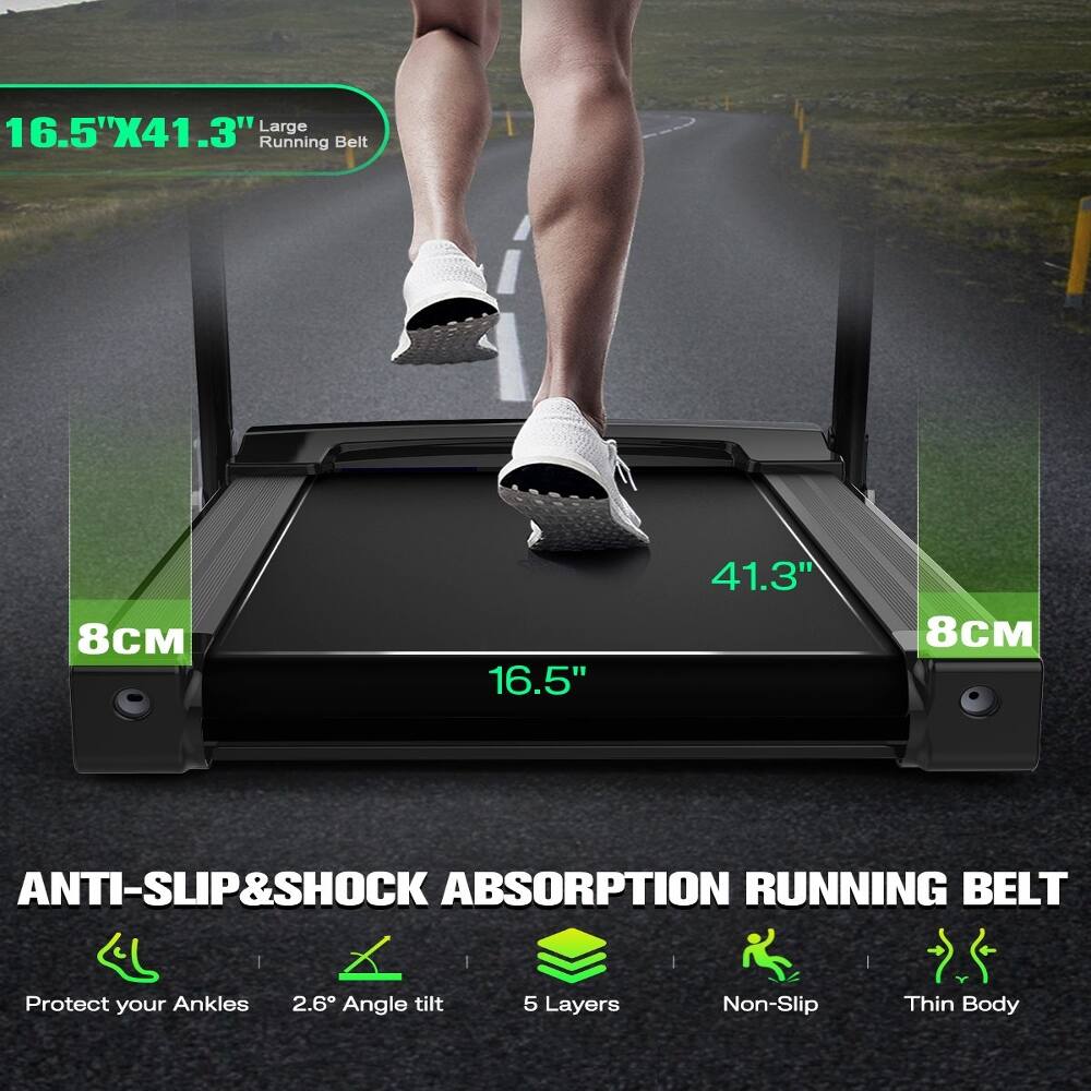 16.5"X41.3" Large Running Belt

8CM

ANTI-SLIP&SHOCK ABSORPTION RUNNING BELT

Protect your Ankles

2.6° Angle tilt

5 Layers

Non-Slip

Thin Body