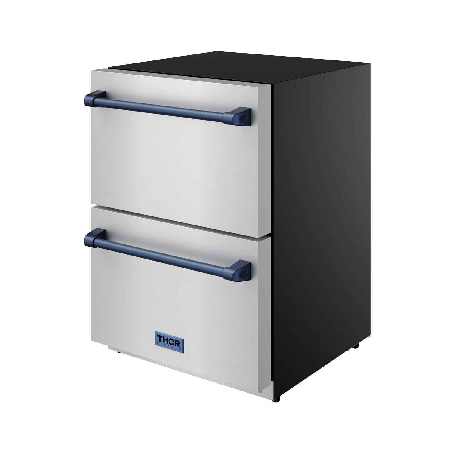 Angle. Thor Kitchen - Gordon Ramsay Series by Thor Kitchen 24 Inch Indoor Outdoor Freezer Drawers with Navy Blue Hardware - Stainless Steel.