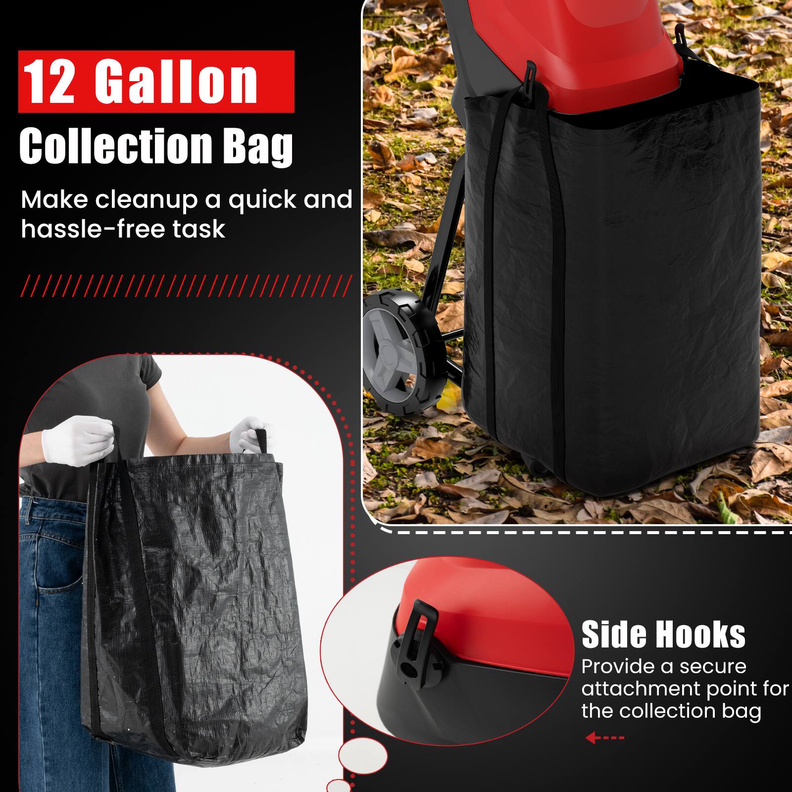 12 Gallon Collection Bag, Make cleanup a quick and hassle-free task, Side Hooks, Provide a secure attachment point for the collection bag