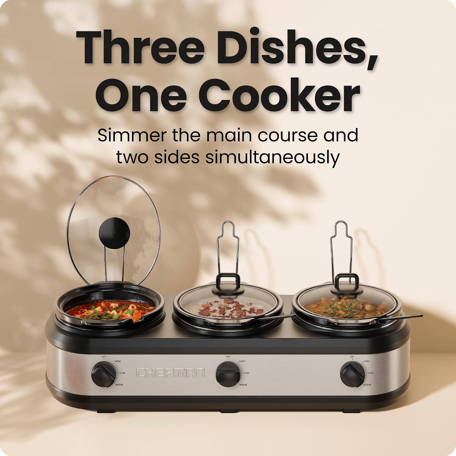Three Dishes, One Cooker  
Simmer the main course and two sides simultaneously