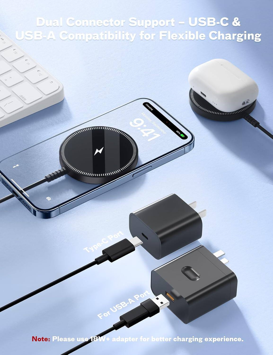 Dual Connector Support - USB-C & USB-A Compatibility for Flexible Charging

Port Type-C
Port For USB-A

Note: Please use 18W+ adapter for better charging experience.