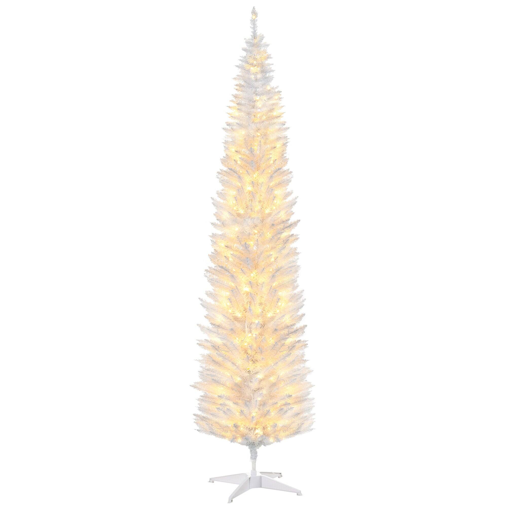 BreeBe - 8 ft Tall Pre-Lit Slim Noble Fir Artificial Christmas Tree with 300 Warm LED Lights and 618 Tips - White