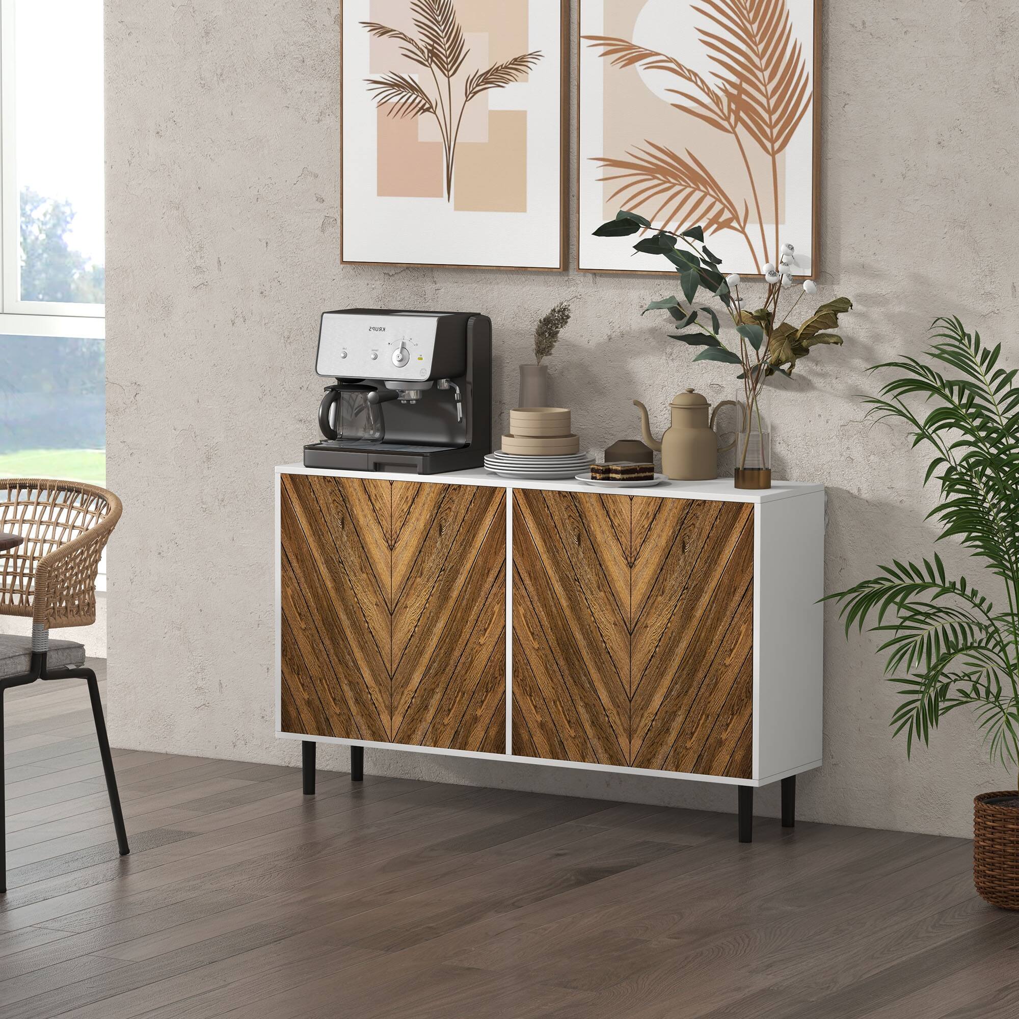 Alt View 1. Homcom - Kitchen Sideboard Buffet Cabinet with Adjustable Shelves, 48" Coffee Bar Cabinet with Chevron Doors and Wood Legs - Brown.