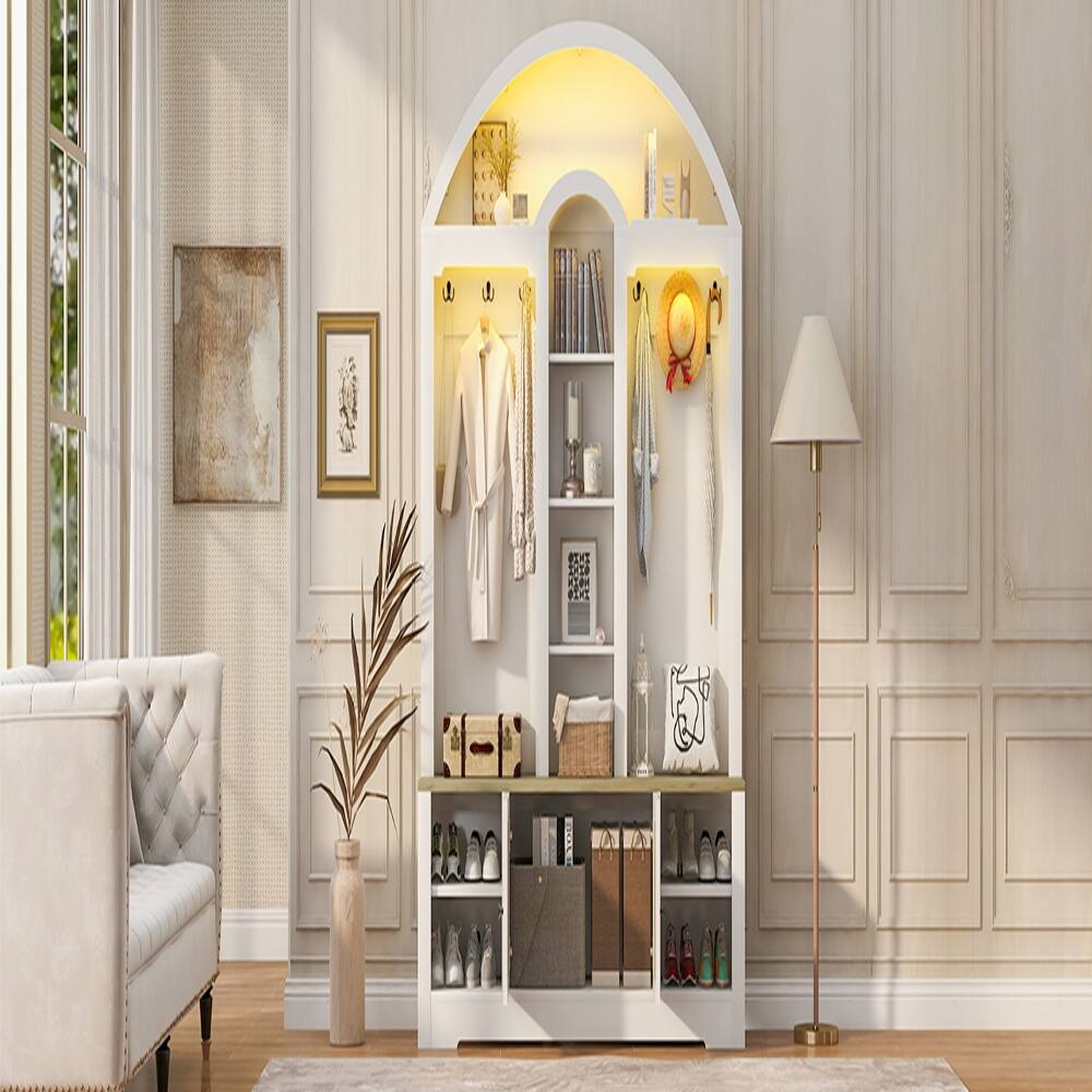 Alt View 2. Loheer - Loheer Curved Entrance Wardrobe Hall Tree With Shoe Bench Two-Tone 59-Inch - White and Walnut.