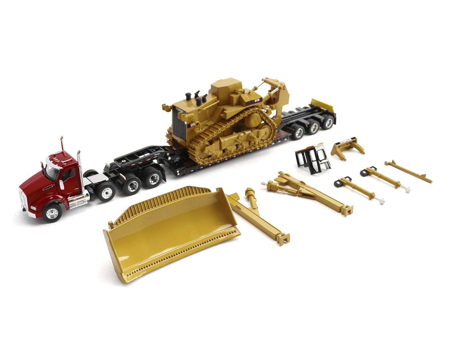 Alt View 4. Diecast Masters - Kenworth T880 Day Cab Red and Trail King TK120 Lowboy Trailer w/CAT Caterpillar D11R Dozer 1/50 Model by Diecast Masters.