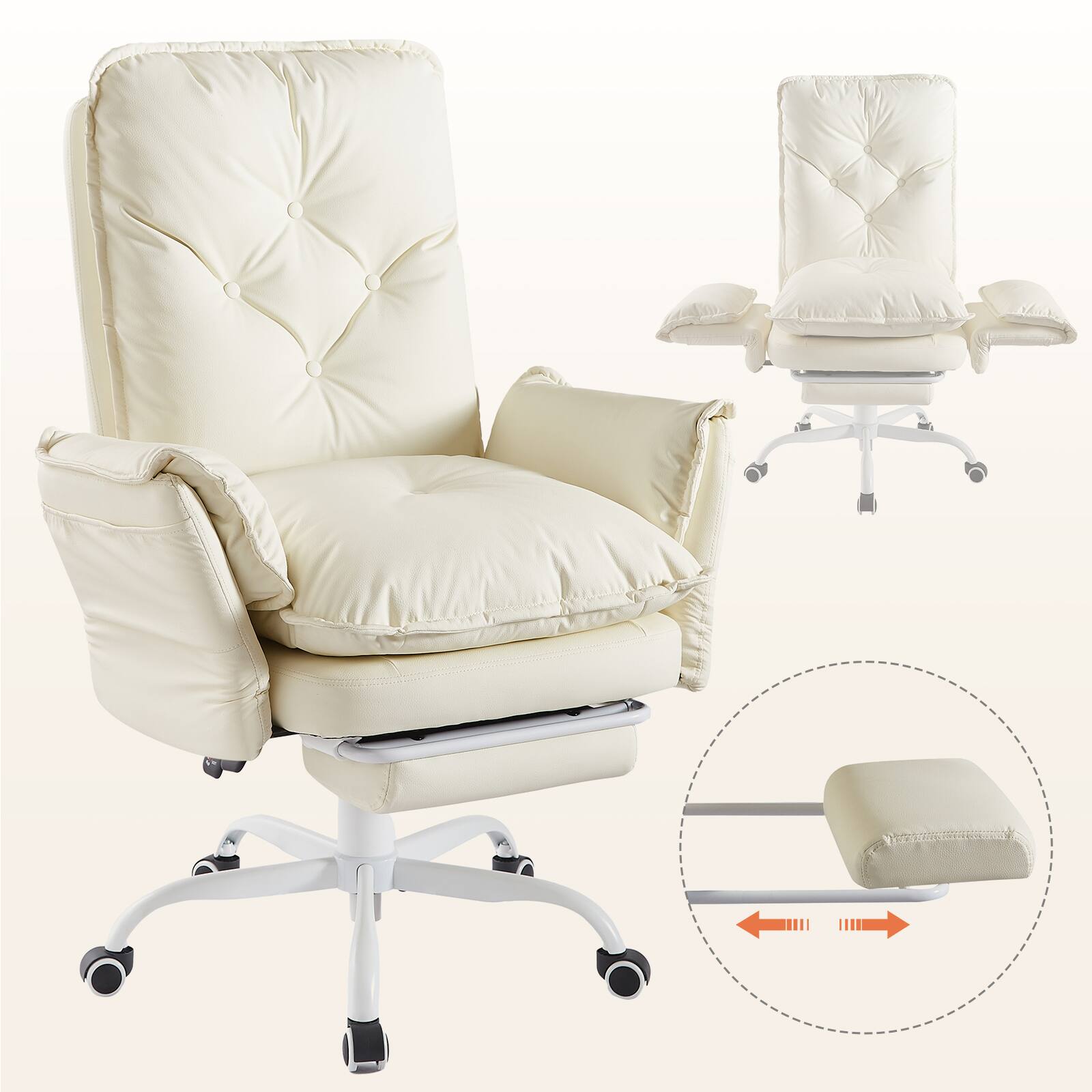 Alt View 2. Bestier - Cross Legged Executive Office Chair, Velvet Ergonomic Desk Chair with Flip-Up Arms, Retractable Footrest & Side Pockets - Milk White PU Leather.