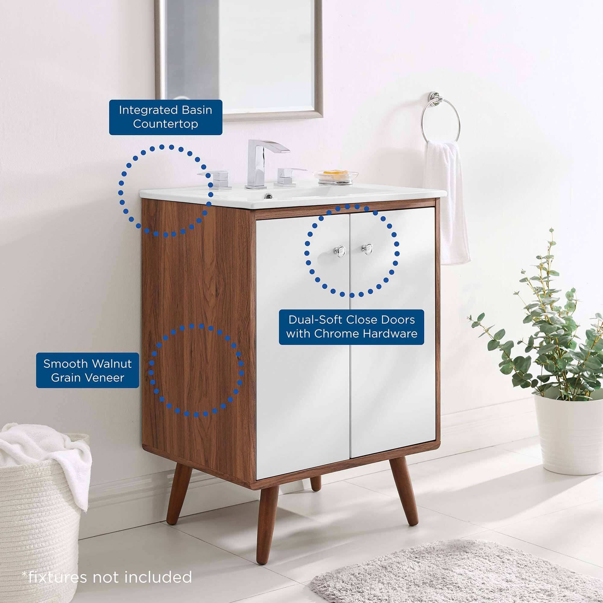 Integrated Basin Countertop  
Dual-Soft Close Doors with Chrome Hardware  
Smooth Walnut Grain Veneer  
*fixtures not included