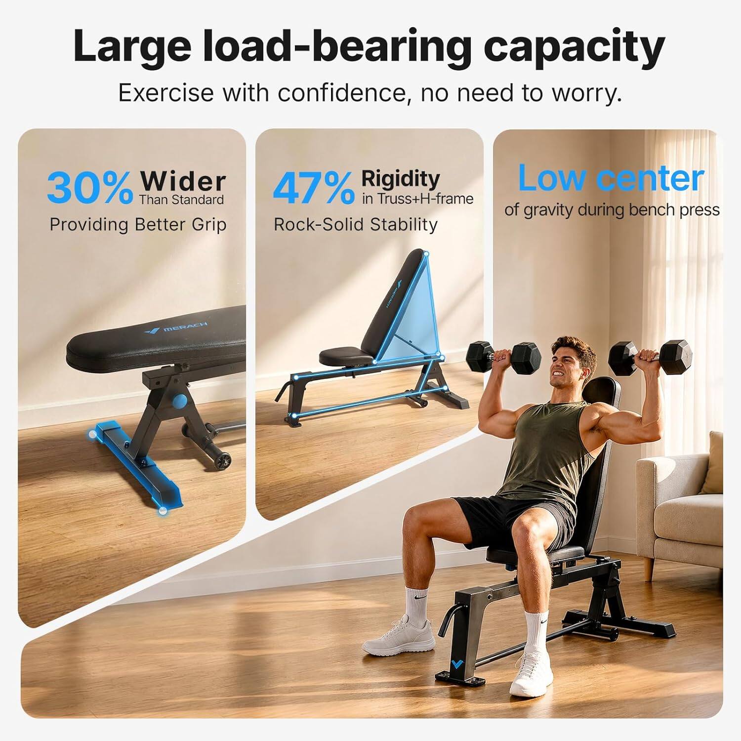 Large load-bearing capacity  
Exercise with confidence, no need to worry.  

30% Wider  
Than Standard  
Providing Better Grip  

47% Rigidity  
in Truss+H-frame  
Rock-Solid Stability  

Low center  
of gravity during bench press