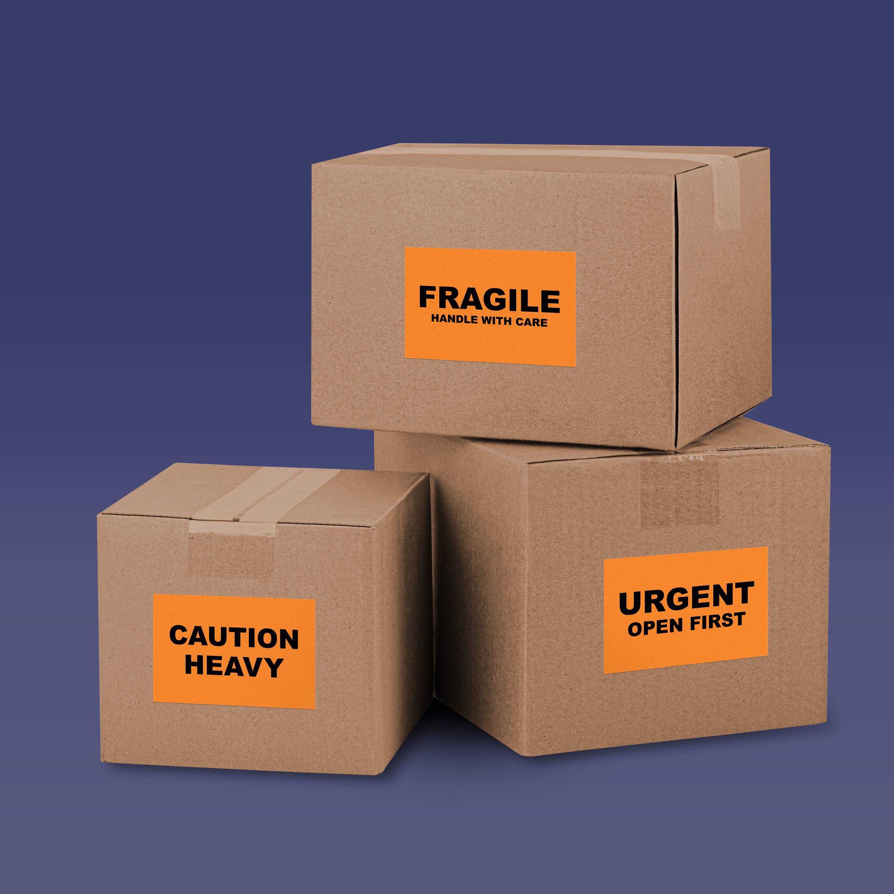 FRAGILE HANDLE WITH CARE  
CAUTION HEAVY  
URGENT OPEN FIRST