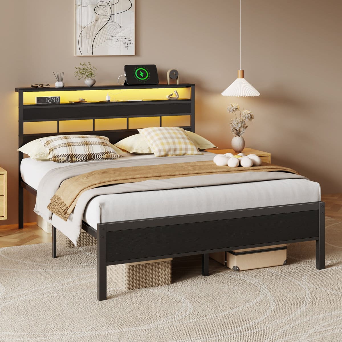 Furnulem - Bed Frame with 2-Tier Shelves Charging Station LED Lights Metal Slats Wood Headboard - Black