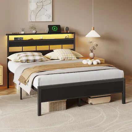 Front. Furnulem - Bed Frame with 2-Tier Shelves Charging Station LED Lights Metal Slats Wood Headboard - Black.