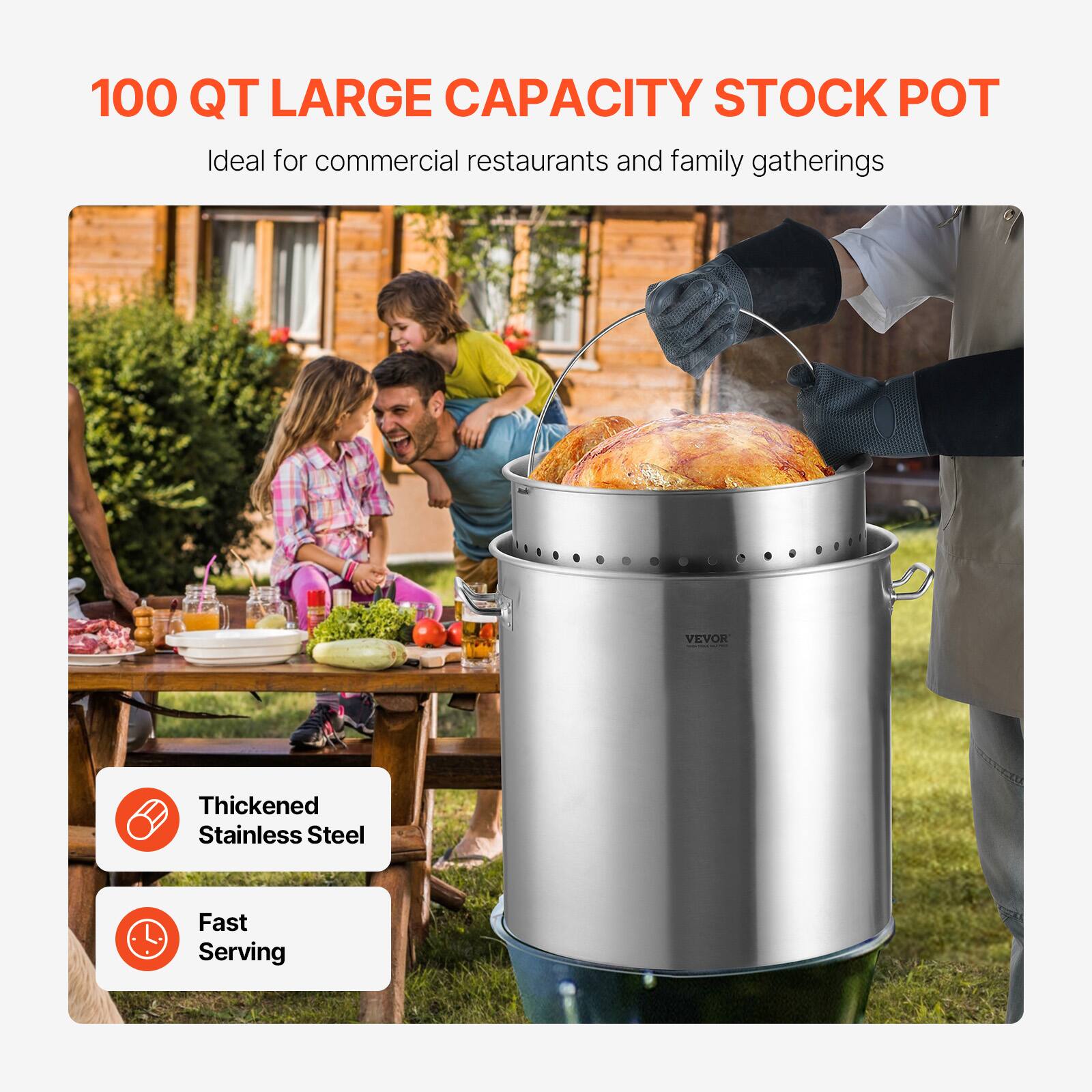 100 QT LARGE CAPACITY STOCK POT  
Ideal for commercial restaurants and family gatherings  

Thickened Stainless Steel  
Fast Serving