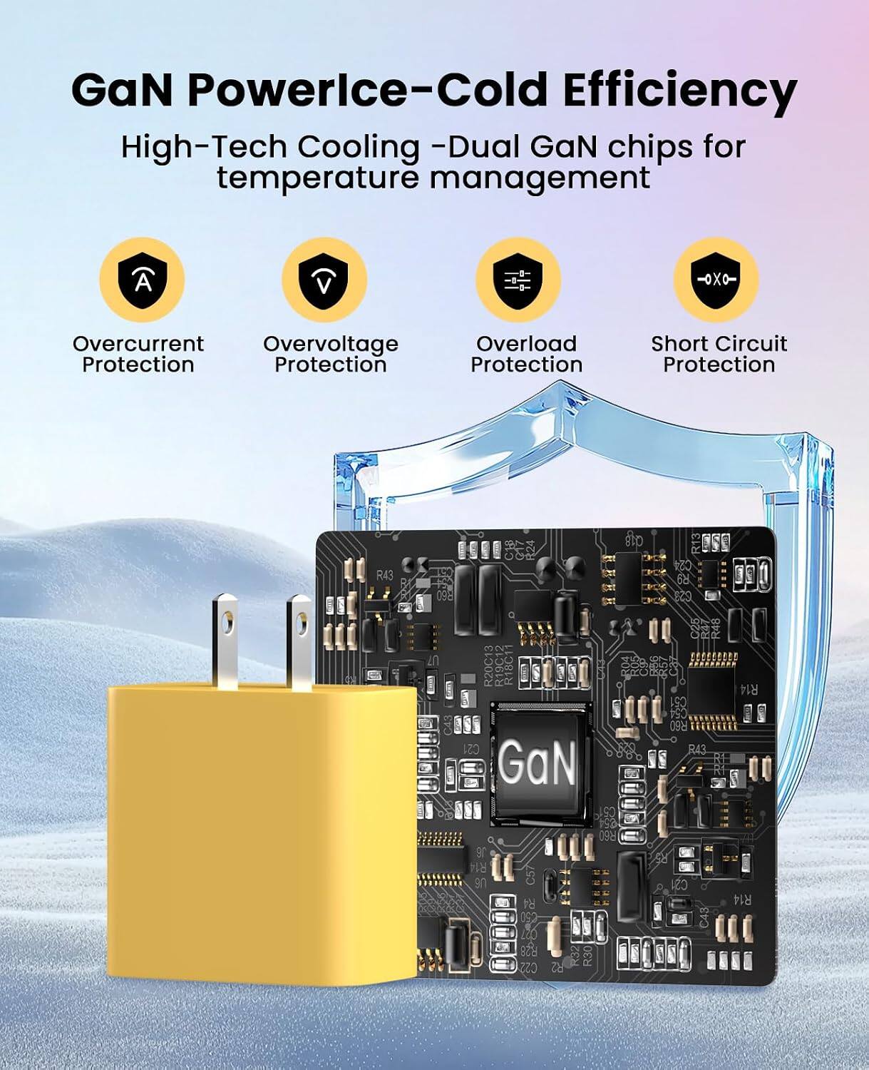 GaN Powerlce-Cold Efficiency  
High-Tech Cooling - Dual GaN chips for temperature management

Overcurrent Protection  
Overvoltage Protection  
Overload Protection  
Short Circuit Protection

018  
R43  
R9  
GaN  
054 R60 R43  
R60  
90  
50 C22  
R2  
R30  
CS1  
C43  
R14