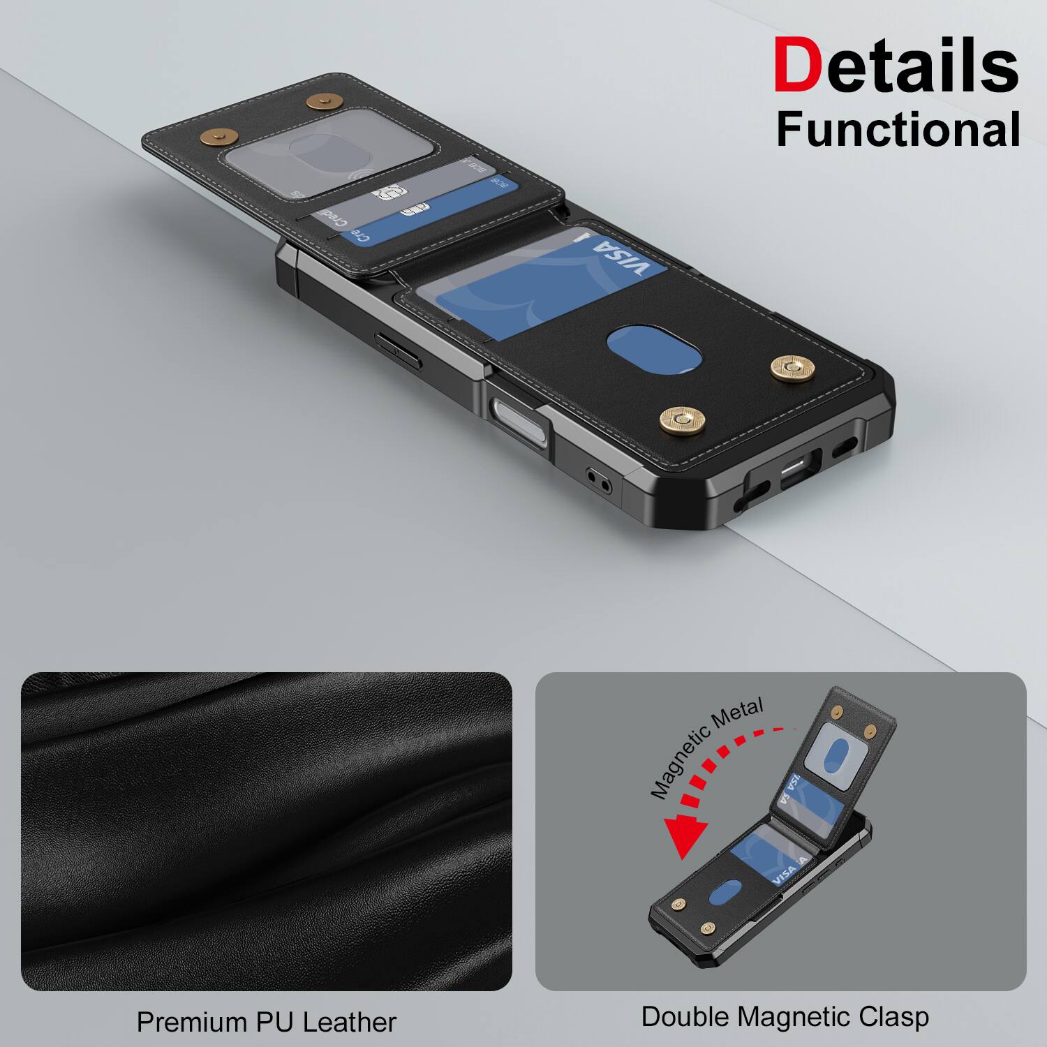 Details Functional

Premium PU Leather

Double Magnetic Clasp

Magnetic Metal