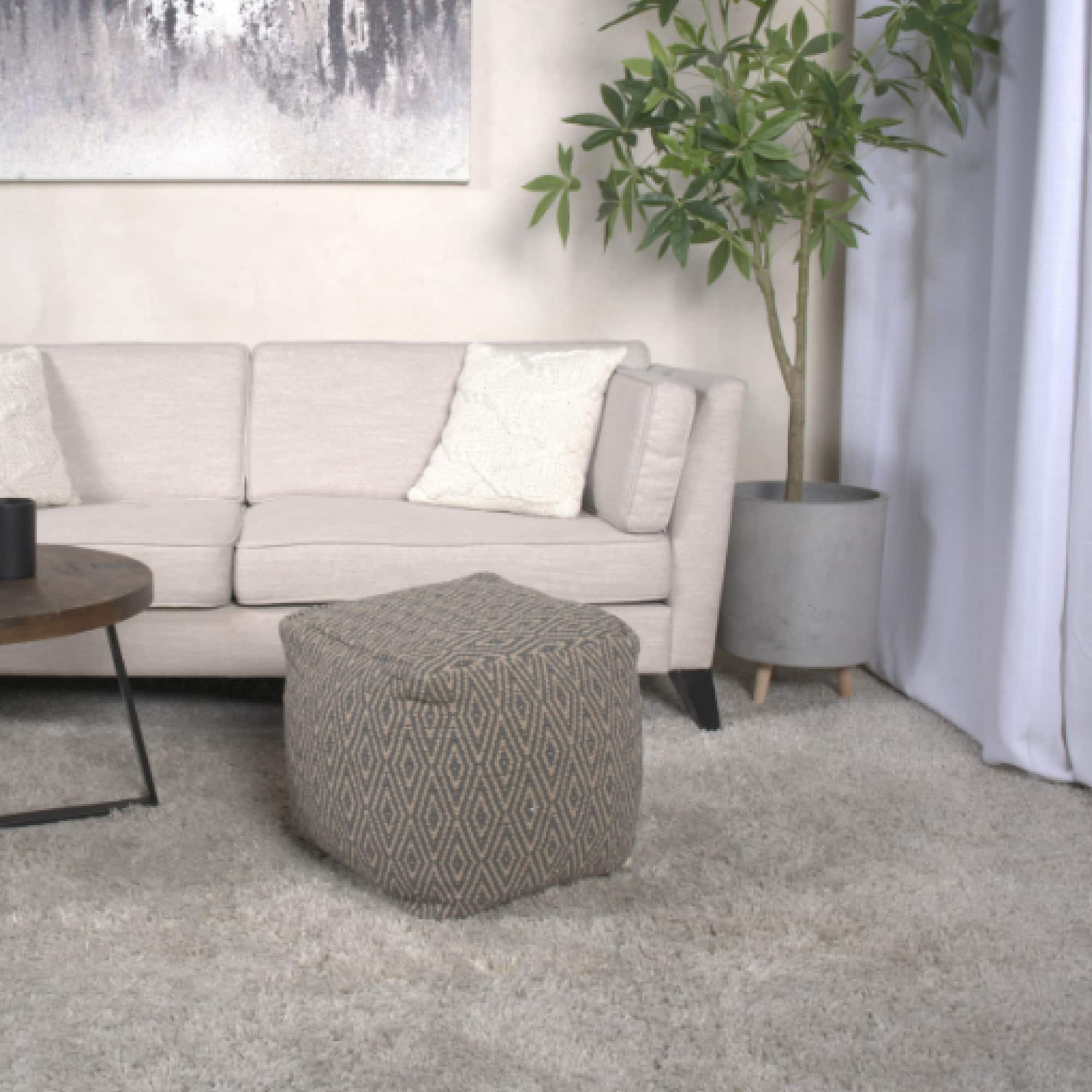 GOODSILO - Hand-Loomed Cotton Pouf with Diamond Pattern in Neutral Tones - Grey+Brown