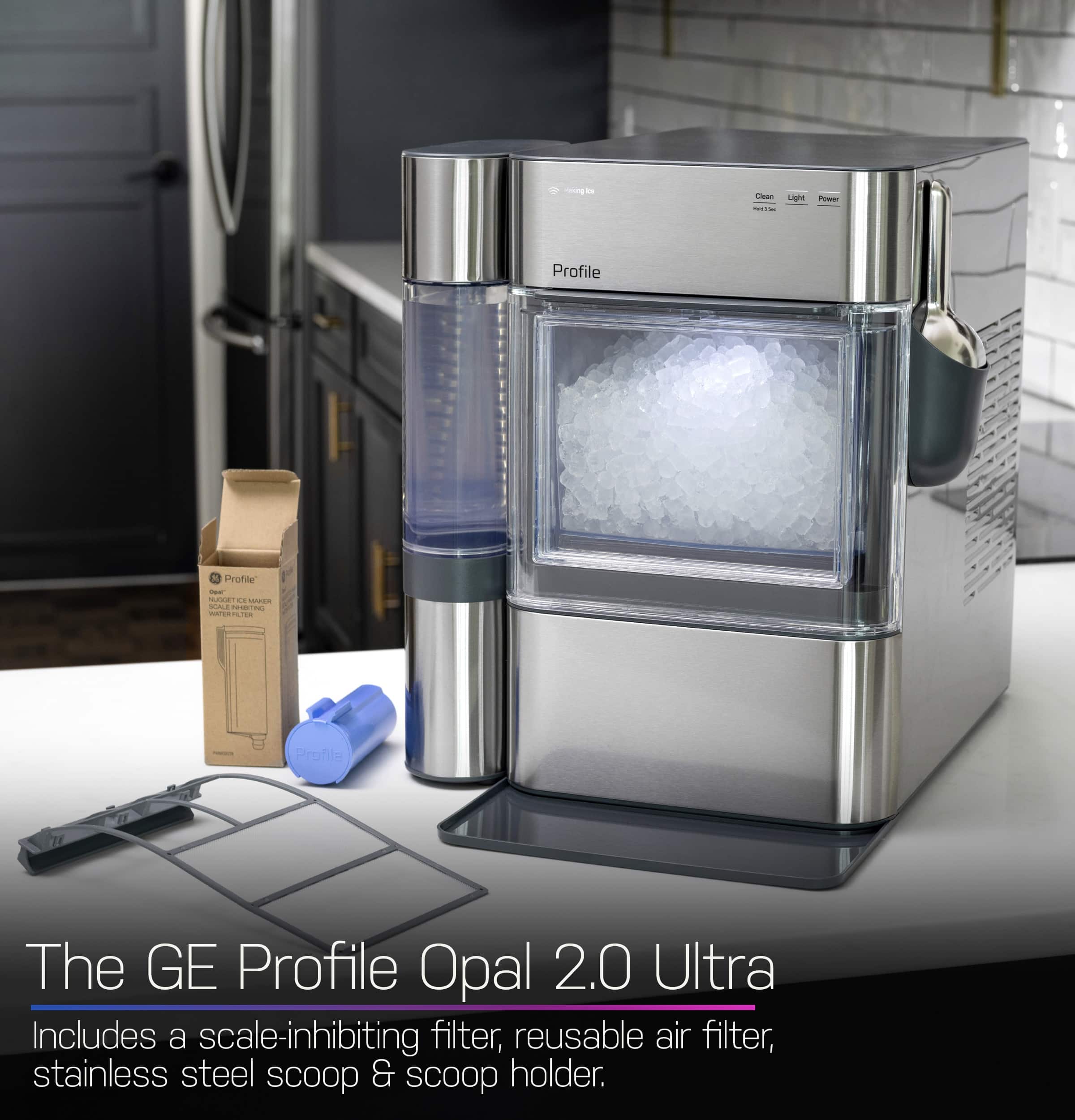 The GE Profile Opal 2.0 Ultra includes a scale-inhibiting filter, reusable air filter, stainless steel scoop & scoop holder.