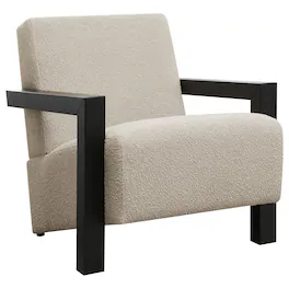 Manhattan Lane - Fitz Accent Chair, Soft Latte Boucle Cushions, Wood Arms - Latte Beige, Black