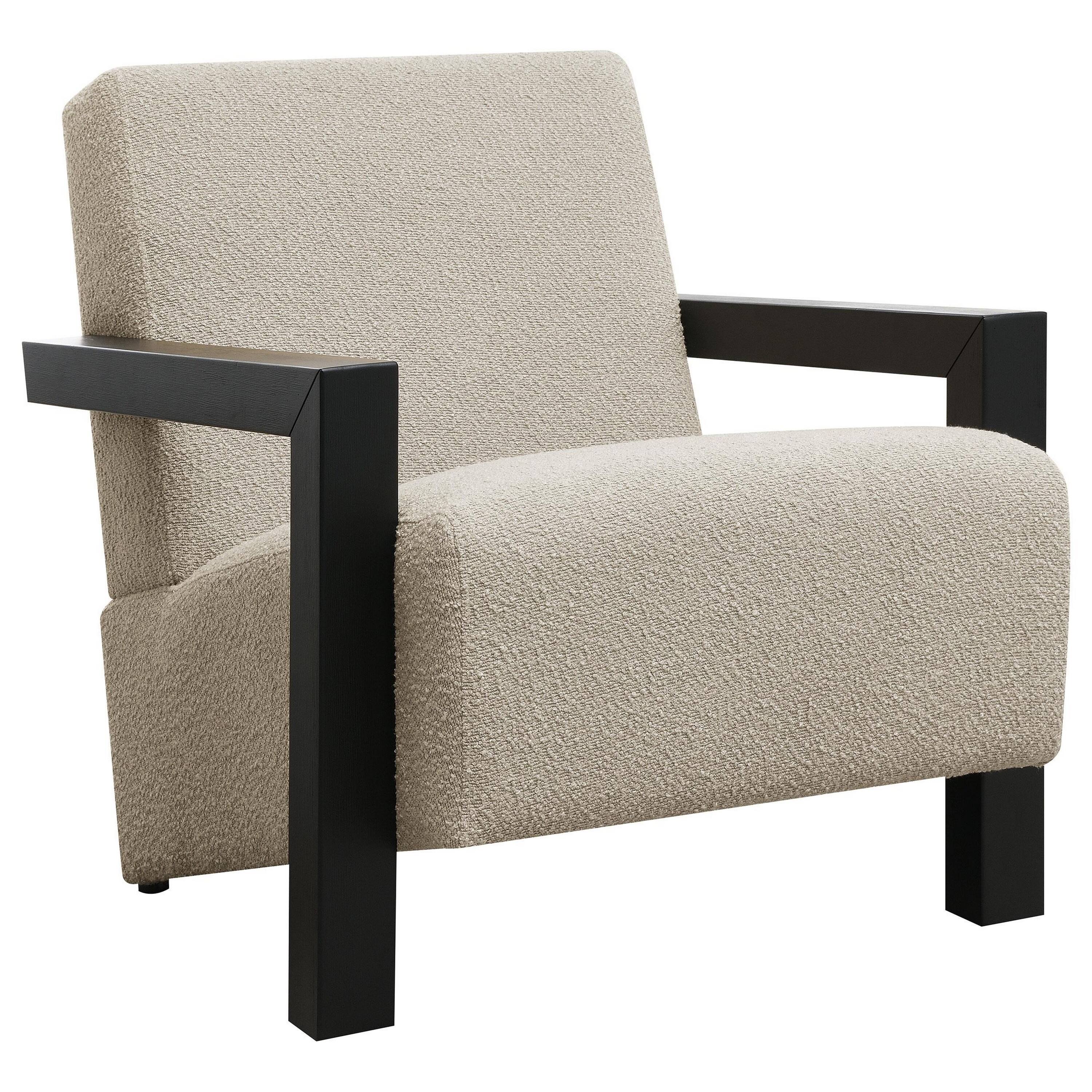 Front. Manhattan Lane - Fitz Accent Chair, Soft Latte  Boucle Cushions,  Wood Arms - Latte Beige, Black.