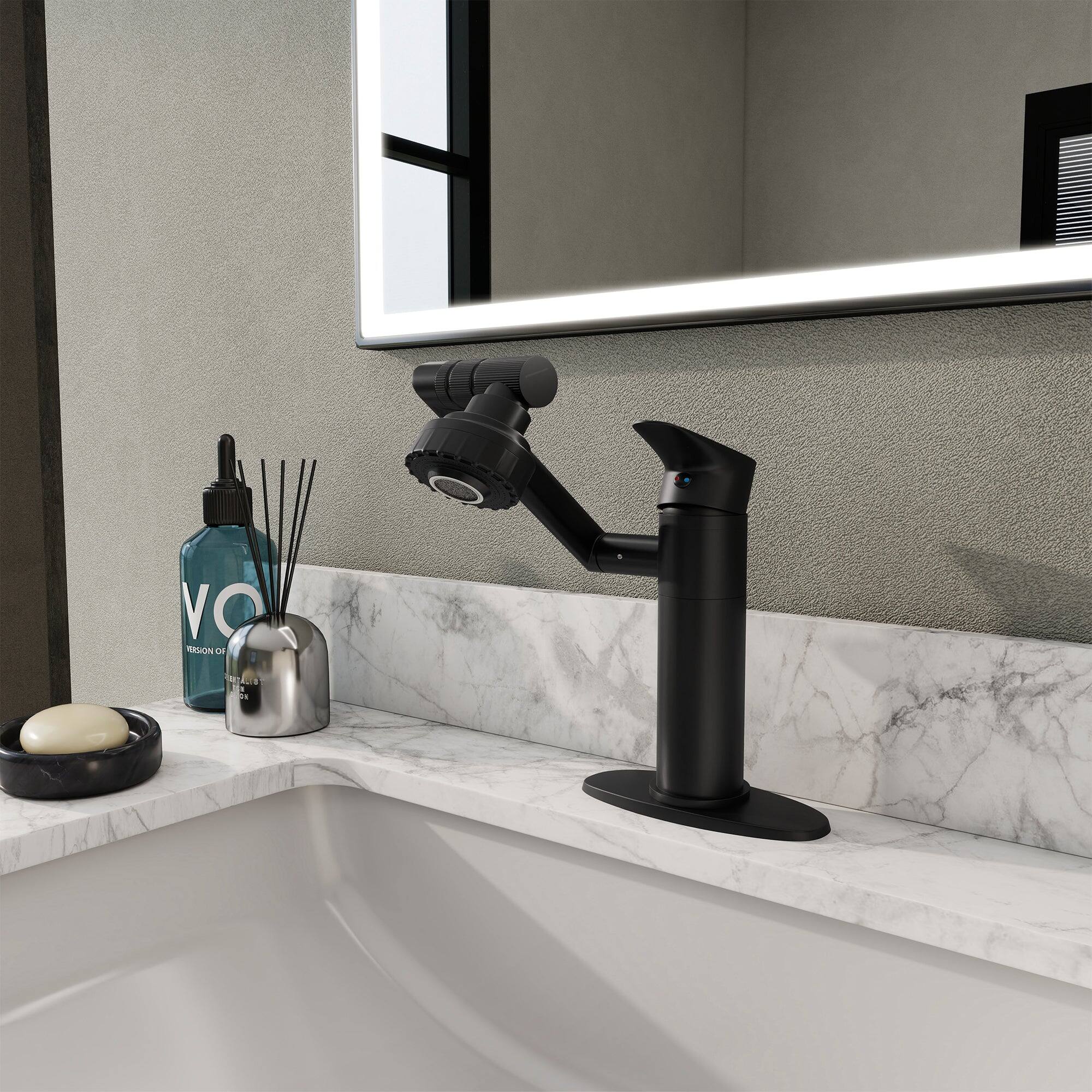 Alt View 3. Boyel Living - Single Handle Single Hole 2-Spray Swivelable Stainless Steel Bathroom Faucet with Deckplate Included in Matte Black - Matte Black.