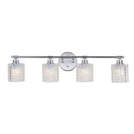 Jonathan Y - Spaulding Vintage 31.5" 4-Light Iron/Chevron Pattern Glass Farmhouse Cottage LED Vanity Light - Chrome