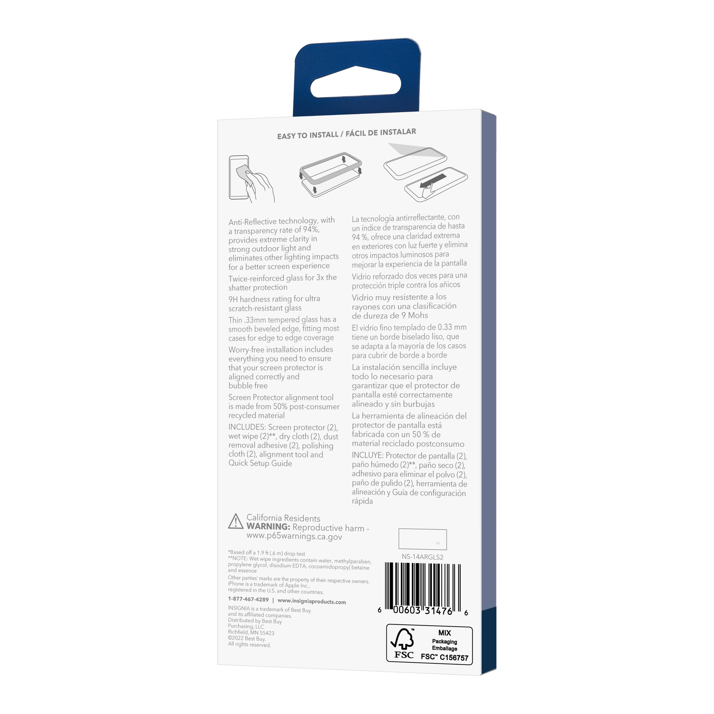 The text on the image is in Spanish, so I'll provide a translation:

"Easy installation with anti-reflective technology. Anti-Reflective technology. Up to 94% transparency. Extreme clarity. Strong outdoor light elimination. Better screen experience. Twice-reinforced glass. Shatter protection. Triple hardness rating. Ultra-resistant glass. Scratch-resistant glass. Smooth beveled edge, fitting most cases. Worry-free installation includes everything needed to ensure screen protector alignment is correct and bubble-free."