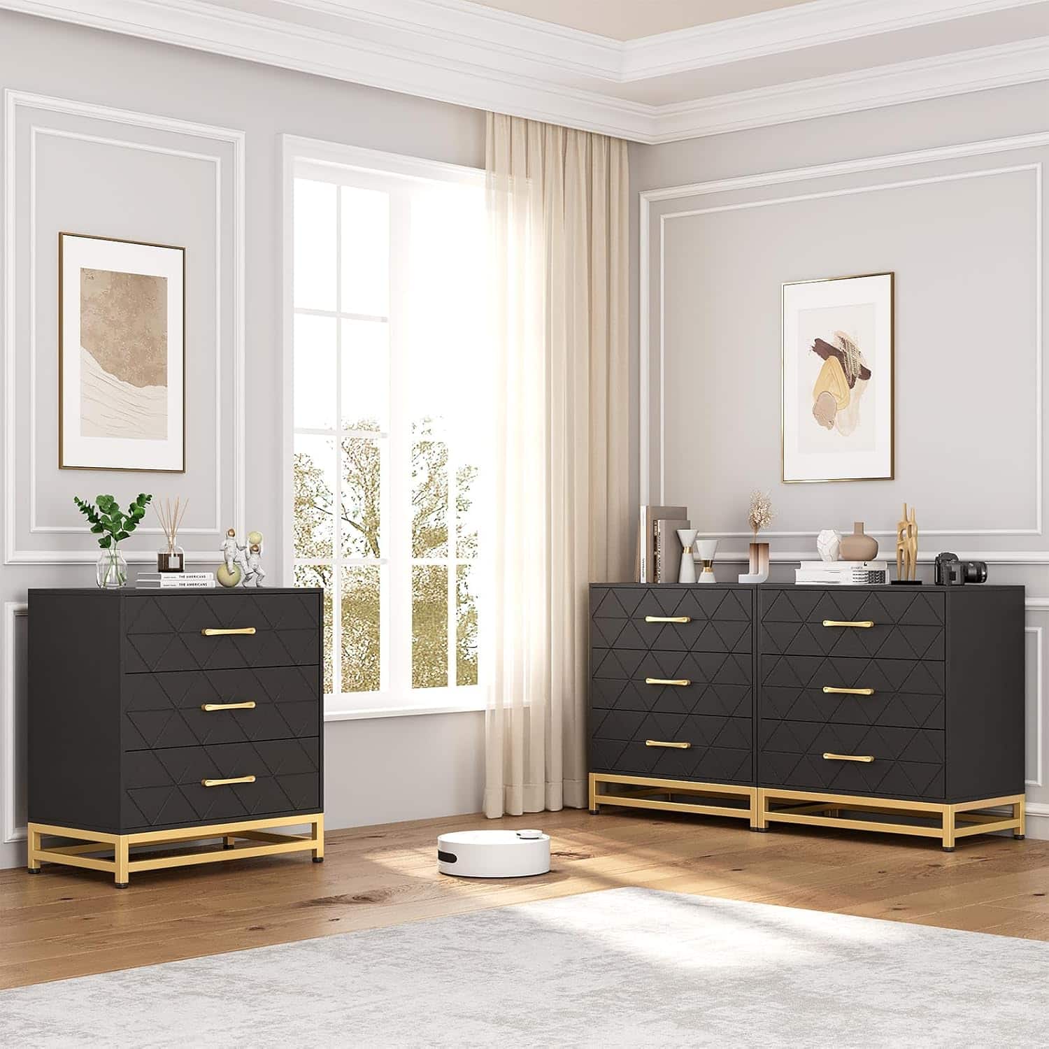 Qeetex - Dresser for Bedroom with 3 Drawer, Modern Dressers Chest of Drawers, with Wide Drawers and Metal Handles, Wood Dressers - Black