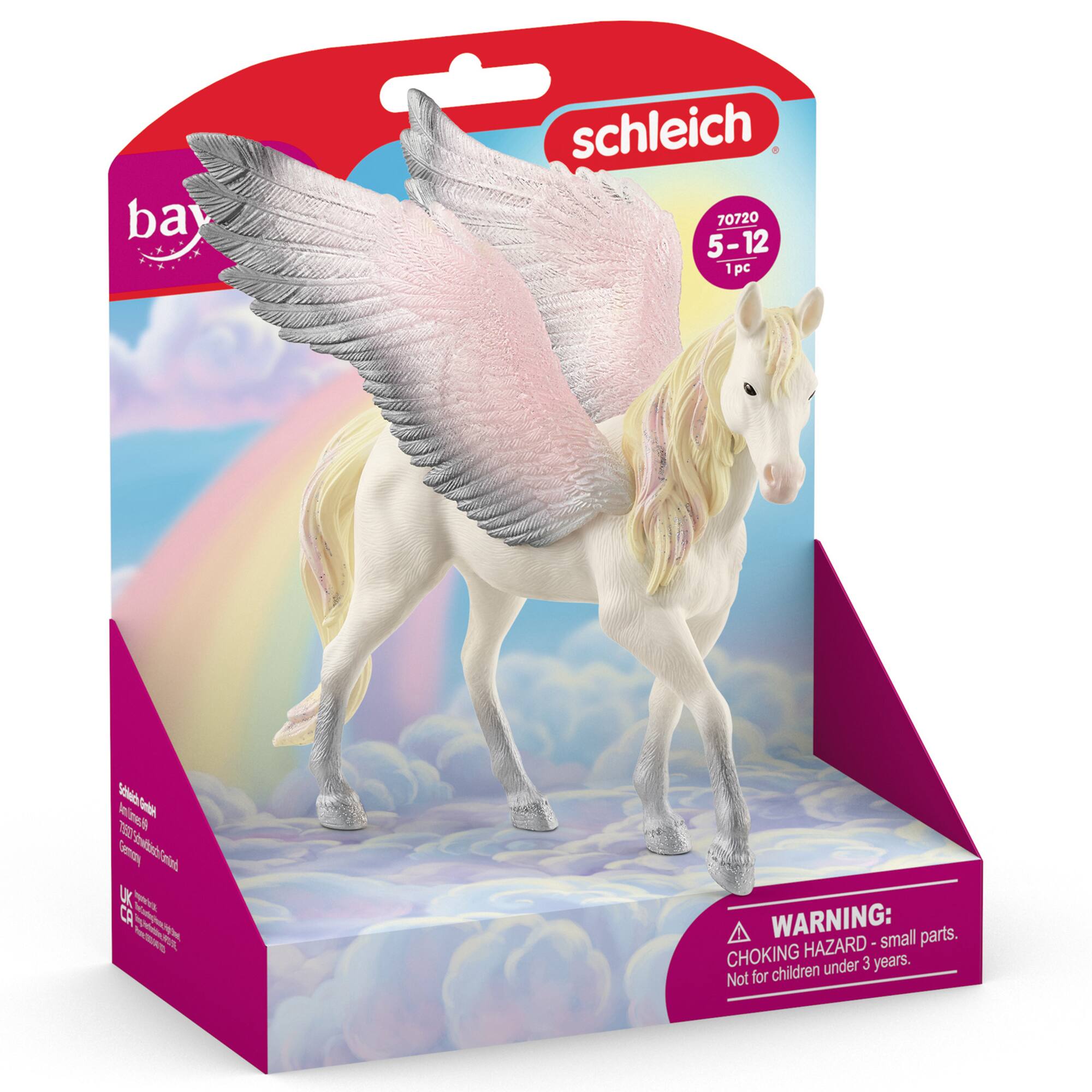 The text reads: "Schleich 70720 5-12 5 1pc 1 V Mine ette. T  yome Jaindazwde Tdistt Jailn LK - CA Vae u WL A WARNING: parts. HAZARD . small CHOKING under 3 years. Not for children."