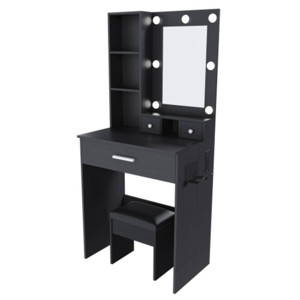 Alt View 4. LUCKY ONE - Compact Vanity Table with LED Mirror, Power Outlet, Hairdryer Holder, Drawers and Stool for Small Bedroom - Black.