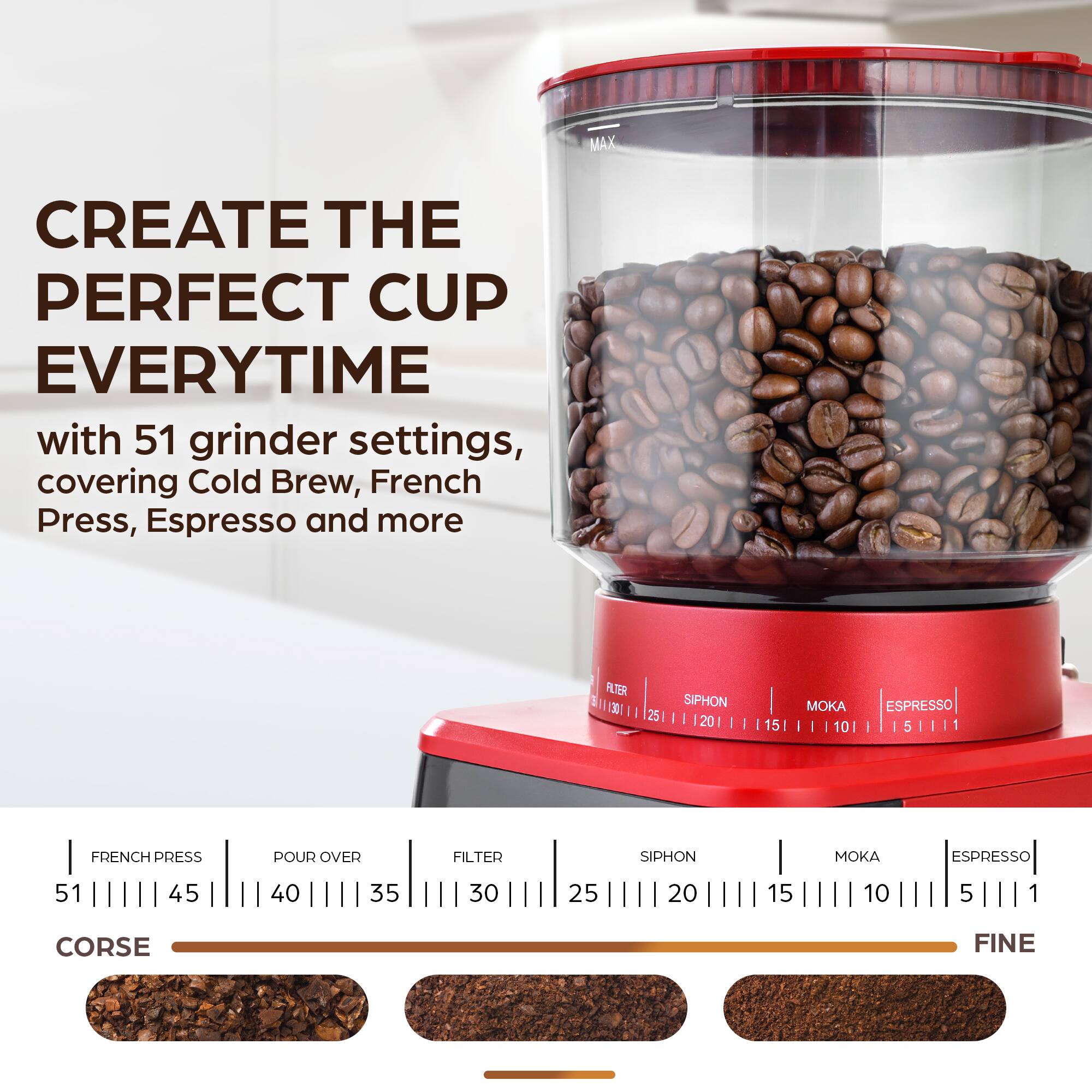Zulay Kitchen - Conical Espresso Burr Coffee Grinder - Touchscreen, 51 Bean Grind Settings, Precision Electric Timer - Red - Thumbnail 3