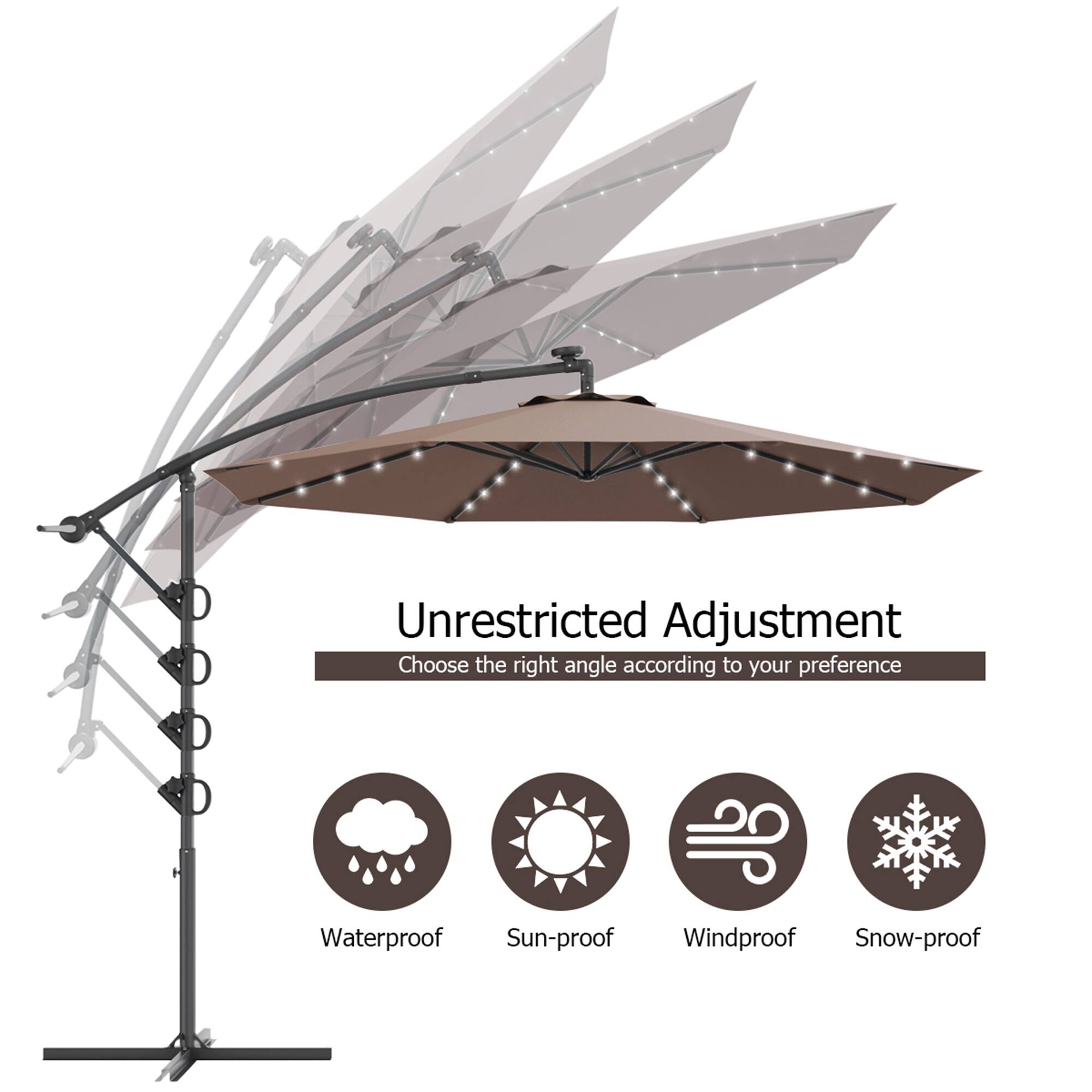 Unrestricted Adjustment
Choose the right angle according to your preference
Waterproof
Sun-proof
Windproof
Snow-proof