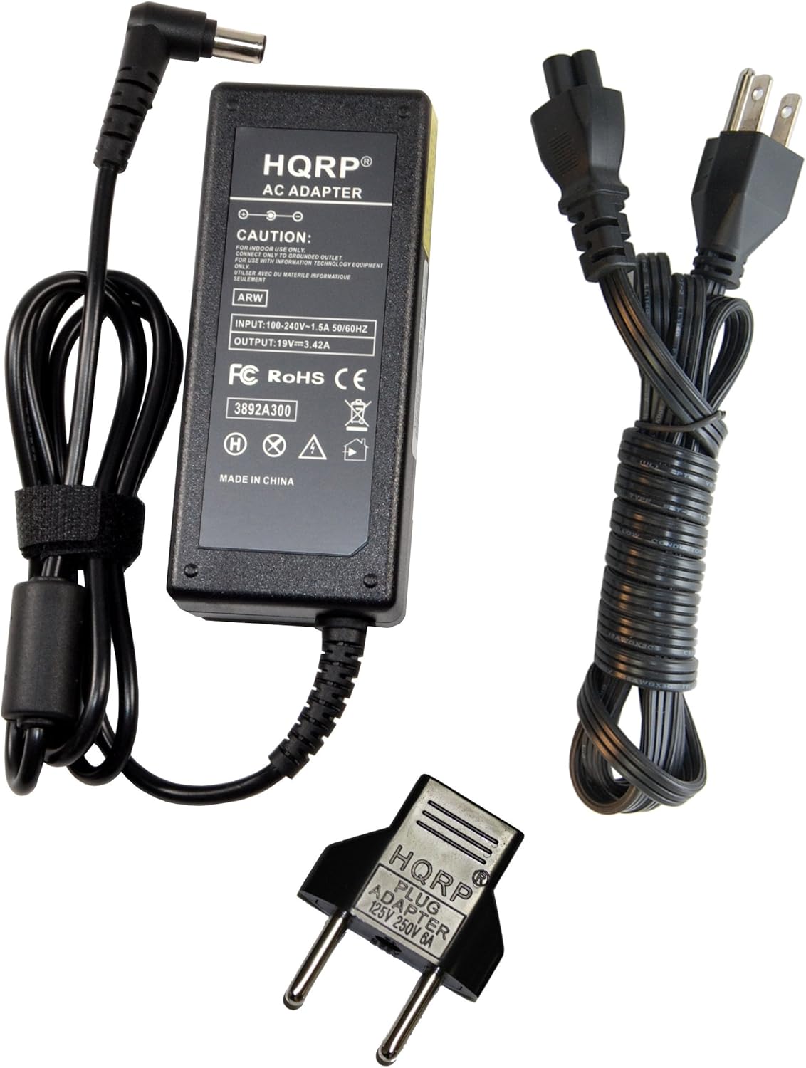 HQRP AC ADAPTER  
CAUTION: FOR USE WITH INFORMATION TECHNOLOGY EQUIPMENT  
INPUT: 100-240V~1.5A 50/60HZ  
OUTPUT: 19V=3.42A  
FC RoHS CE  
3892A300  
MADE IN CHINA  

HQRP PLUG  
125V 250V 6A