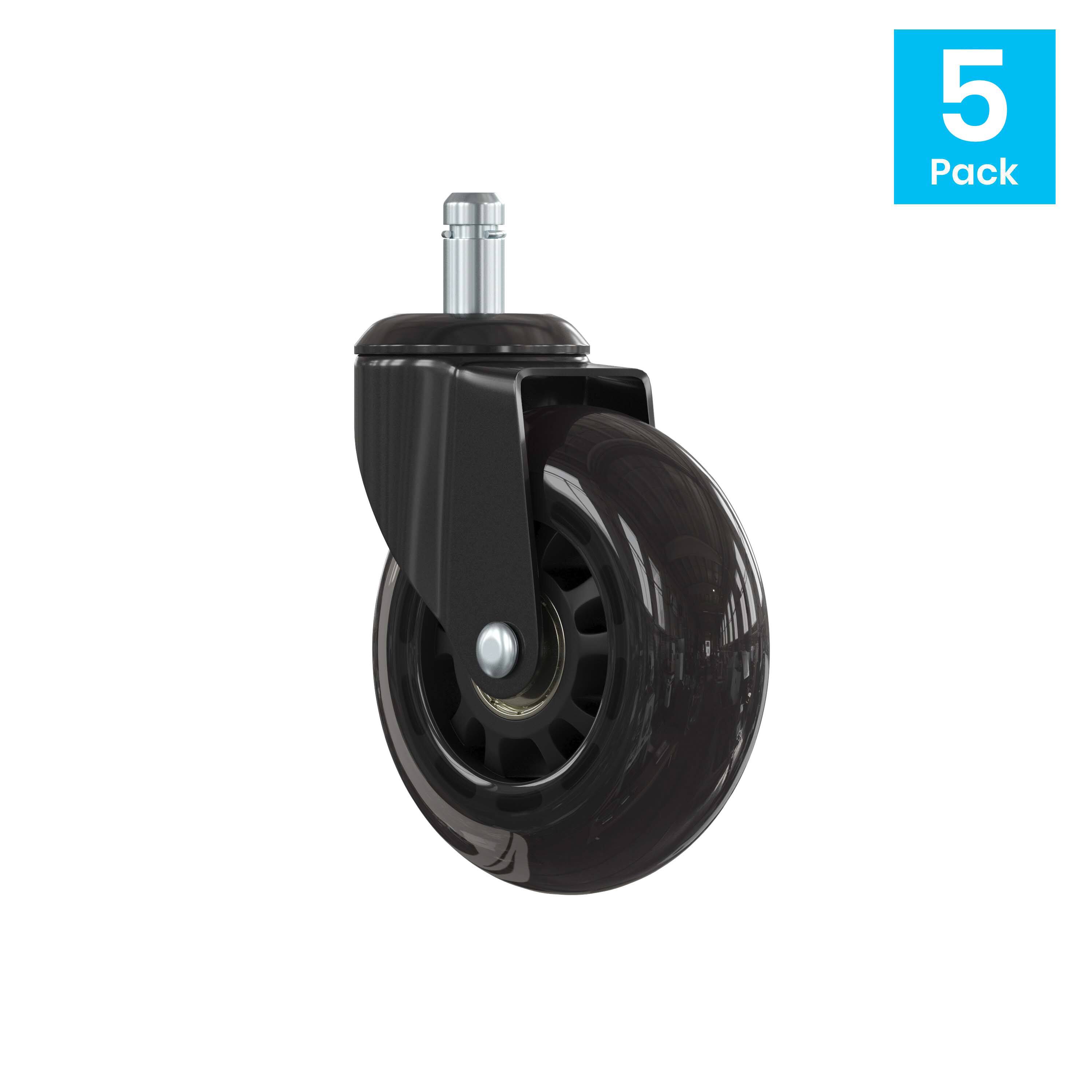 Alt View 1. Emma + Oliver - Set of 5 Polyurethane Rollerblade Wheel Replacement Casters with Steel Frame for Home Office Chairs - Black/Clear.