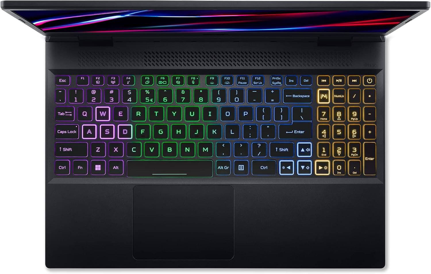 Sure, here is the corrected and grouped text from the image:

```
Esc F1 F2 F3 F4 F5 F6 F7 F8 F9 F10 F11 F12 PrtSc SysRq Ins Del

1 2 3 4 5 6 7 8 9 0 - = Backspace

Tab Q W E R T Y U I O P [ ] \

Caps Lock A S D F G H J K L ; ' Enter

Shift Z X C V B N M , . / Shift

Ctrl Fn Windows Alt Spacebar Alt Gr Ctrl

NumLk / * - + Enter

7 8 9 Home PgUp

4 5 6 PgDn End

1 2 3 0 Ins Del
```