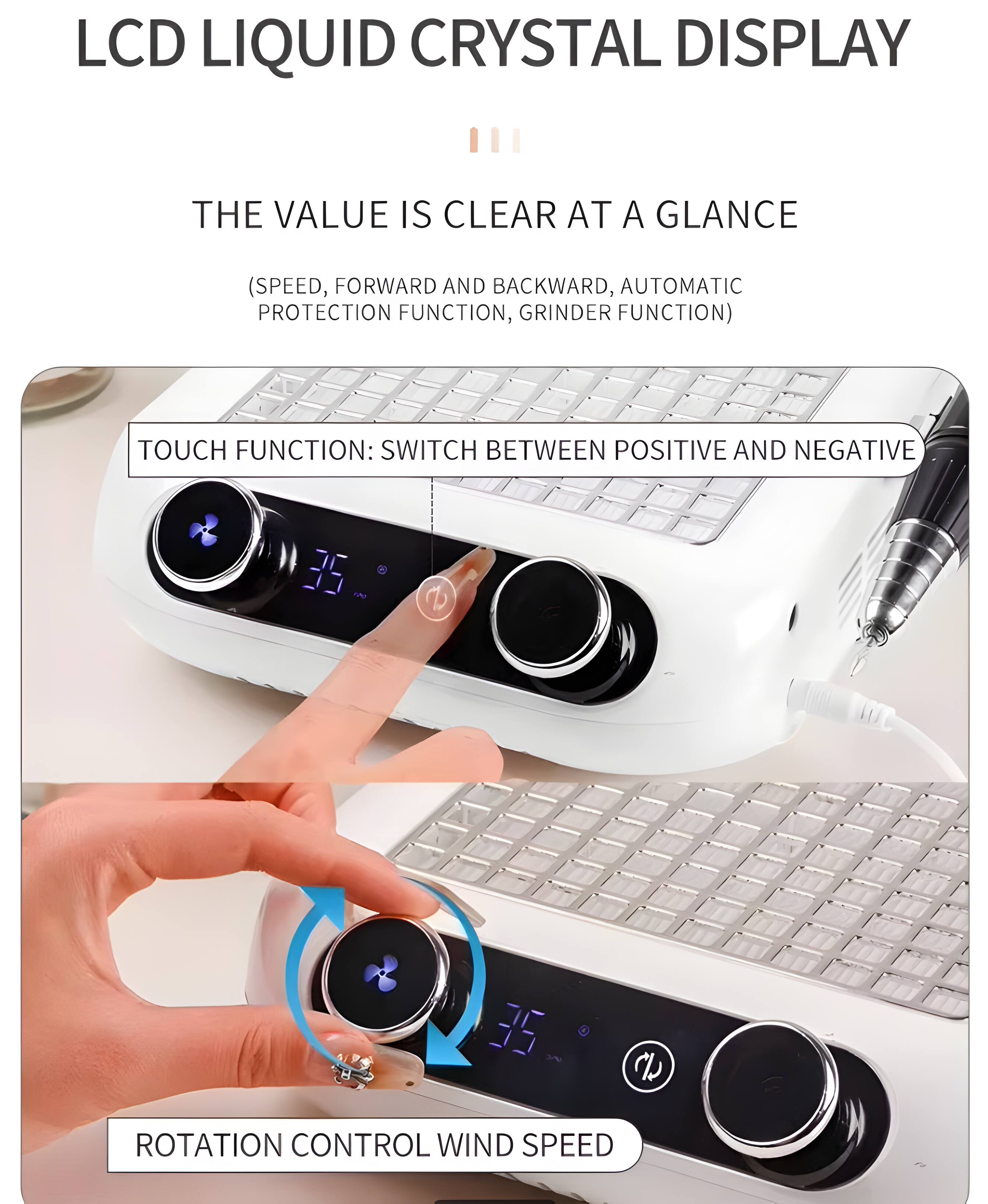 LCD LIQUID CRYSTAL DISPLAY  
THE VALUE IS CLEAR AT A GLANCE  
(SPEED, FORWARD AND BACKWARD, AUTOMATIC PROTECTION FUNCTION, GRINDER FUNCTION)  

TOUCH FUNCTION: SWITCH BETWEEN POSITIVE AND NEGATIVE  

ROTATION CONTROL WIND SPEED