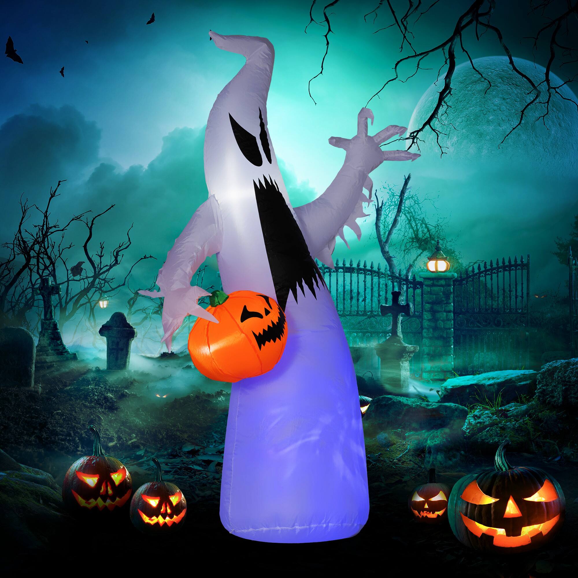 Alt View 6. Ecooso - 5.9' Halloween Inflatable Ghost with Pumpkin Blow Up Yard Prop with LED Lights - White.