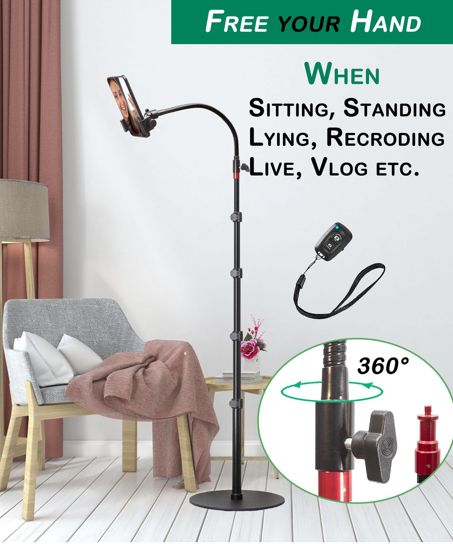 FREE YOUR HAND  
When Sitting, Standing, Lying, Recording Live, Vlog Etc.  
360°