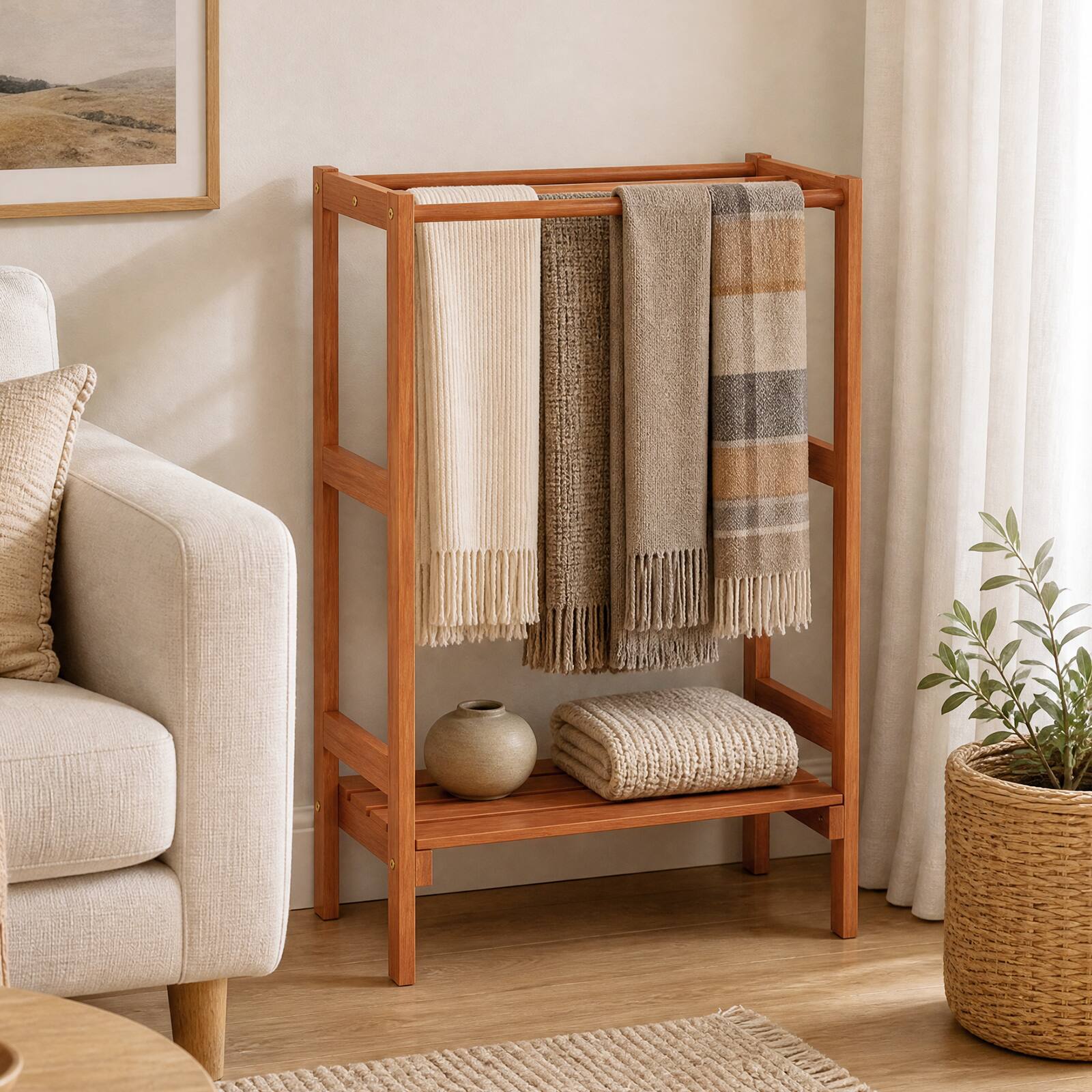 Alt View 4. Costway - Costway Freestanding Towel Rack with 3 Hanging Bars & Bottom Shelf for Bathroom, Laundry - Natural.