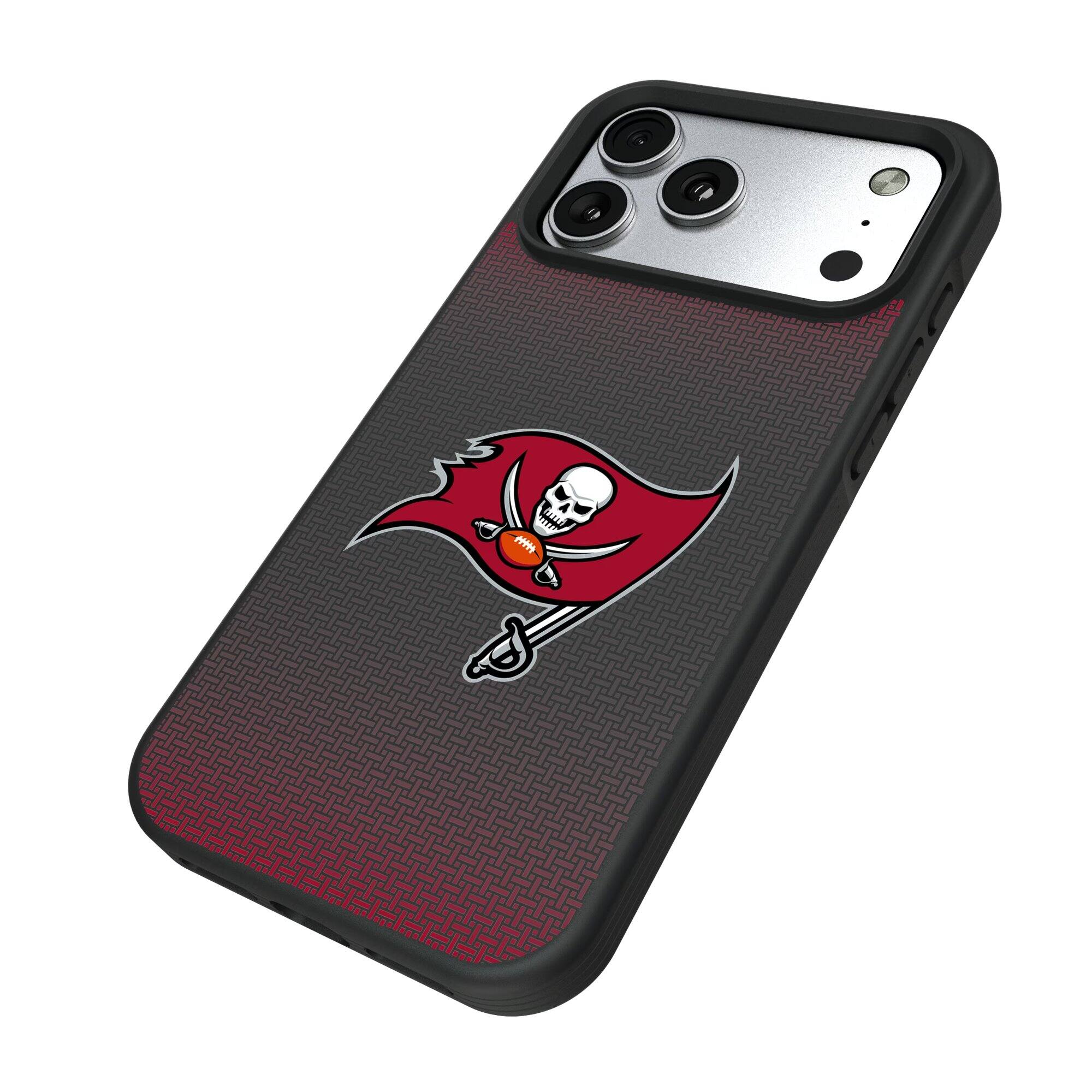 Alt View 1. Keyscaper - Tampa Bay Buccaneers Linen Logo iPhone Bump Case - 15 Plus - Black.