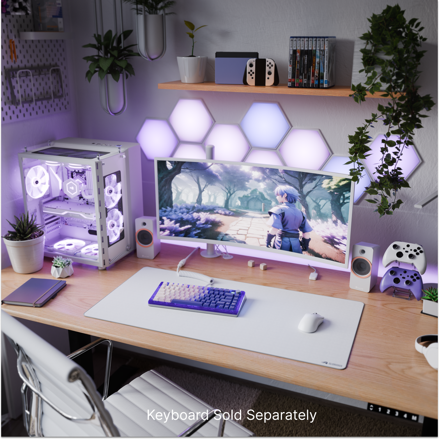 The image shows a computer desk with a monitor, keyboard, and mouse. The keyboard is purple and white, and the monitor is turned on. There are also several books on the desk, and the desk is situated in front of a shelf. The text "C Keyboard Sold Separately" suggests that the keyboard is not included with the desk and must be purchased separately.