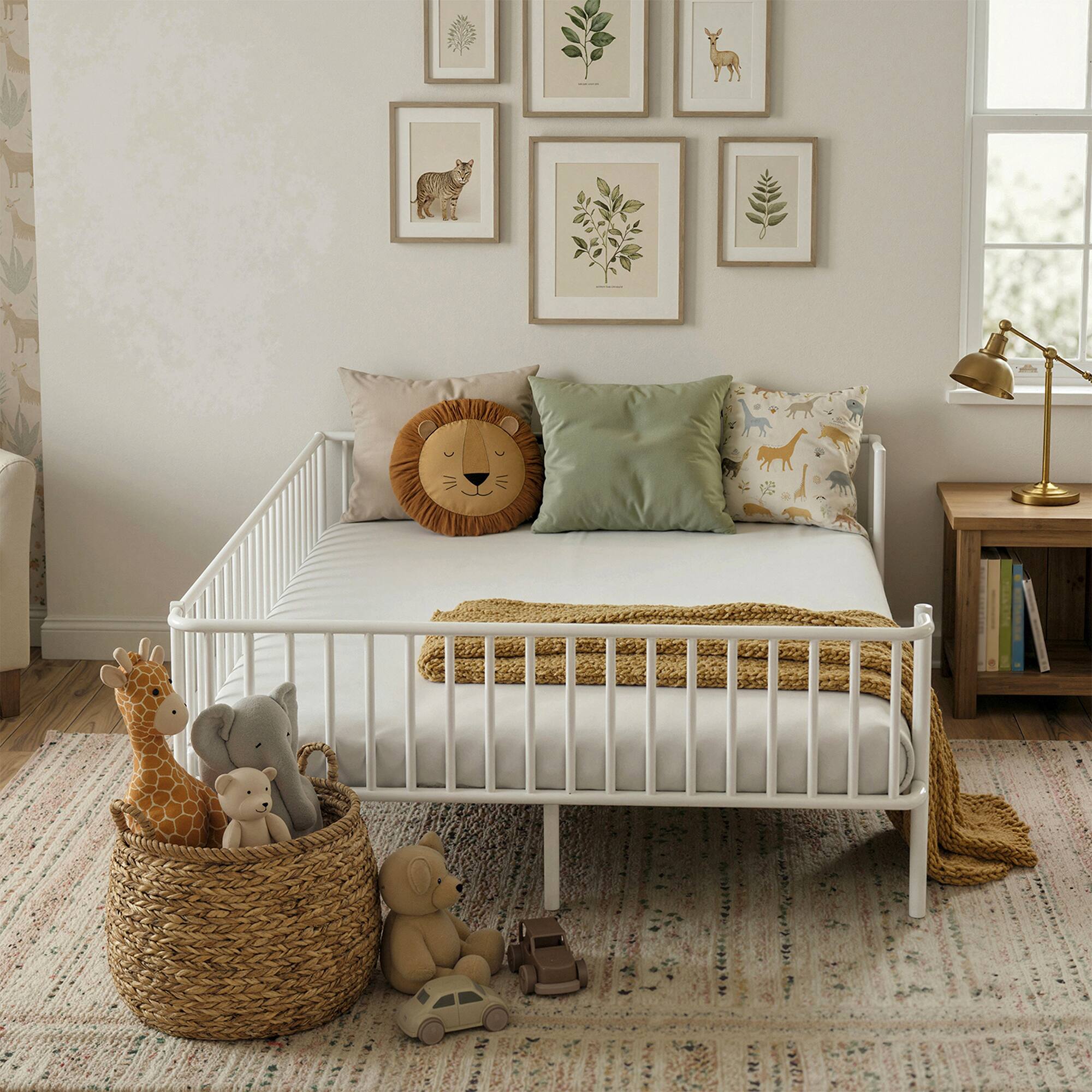 Left. Whisen - Metal Daybed Frame,Heavy-Duty Steel Platform Bed with Slat Support - White.