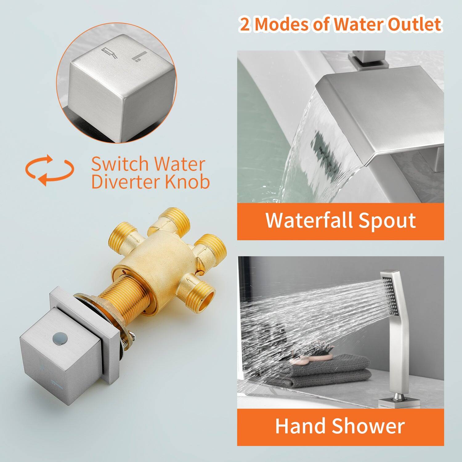 2 Modes of Water Outlet

Switch Water Diverter Knob

Waterfall Spout

Hand Shower