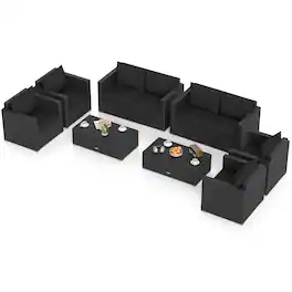 Gymax - 8PCS Rattan Patio Conversation Set Outdoor Furniture Set w/ Cushions - Black