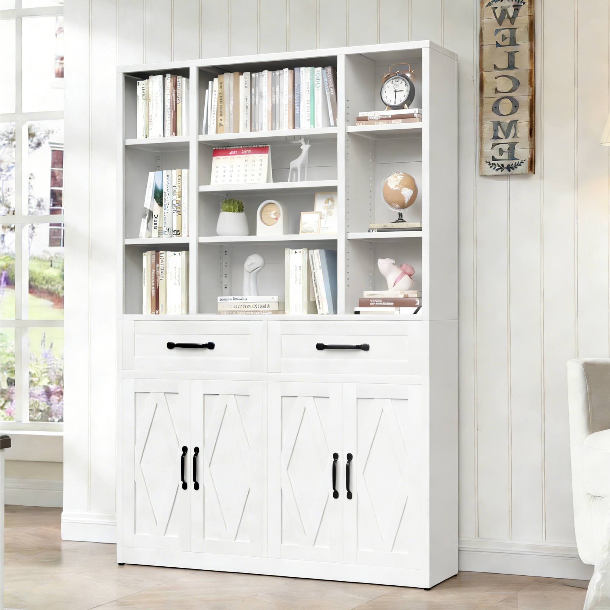 Anysun - Industrial Anti-Tip Kit Metal Bookcase with Doors and Drawers, Adjustable Open Shelves - White